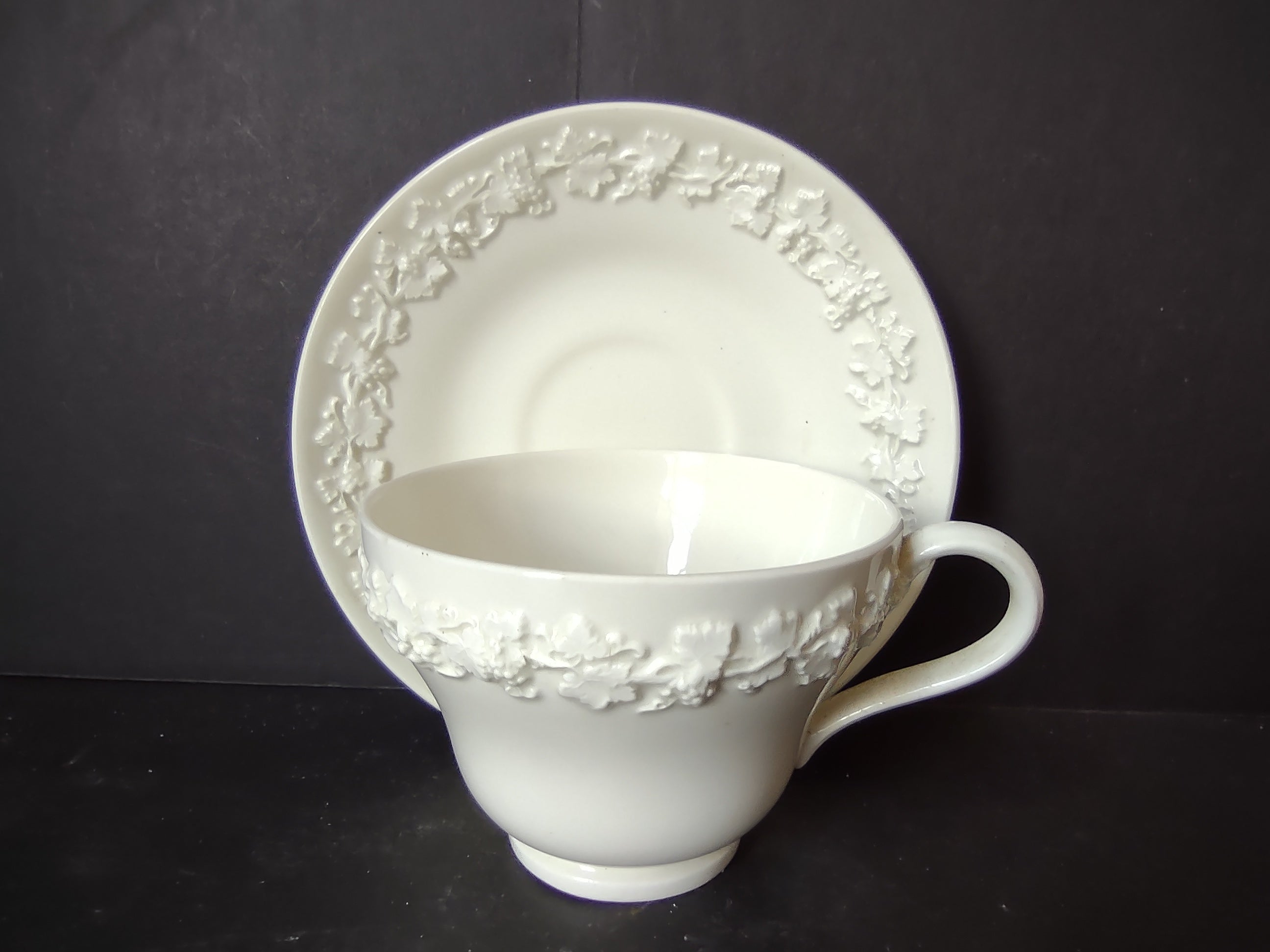 Vintage Wedgwood Embossed Queens Ware White Cup Saucer England [6161]