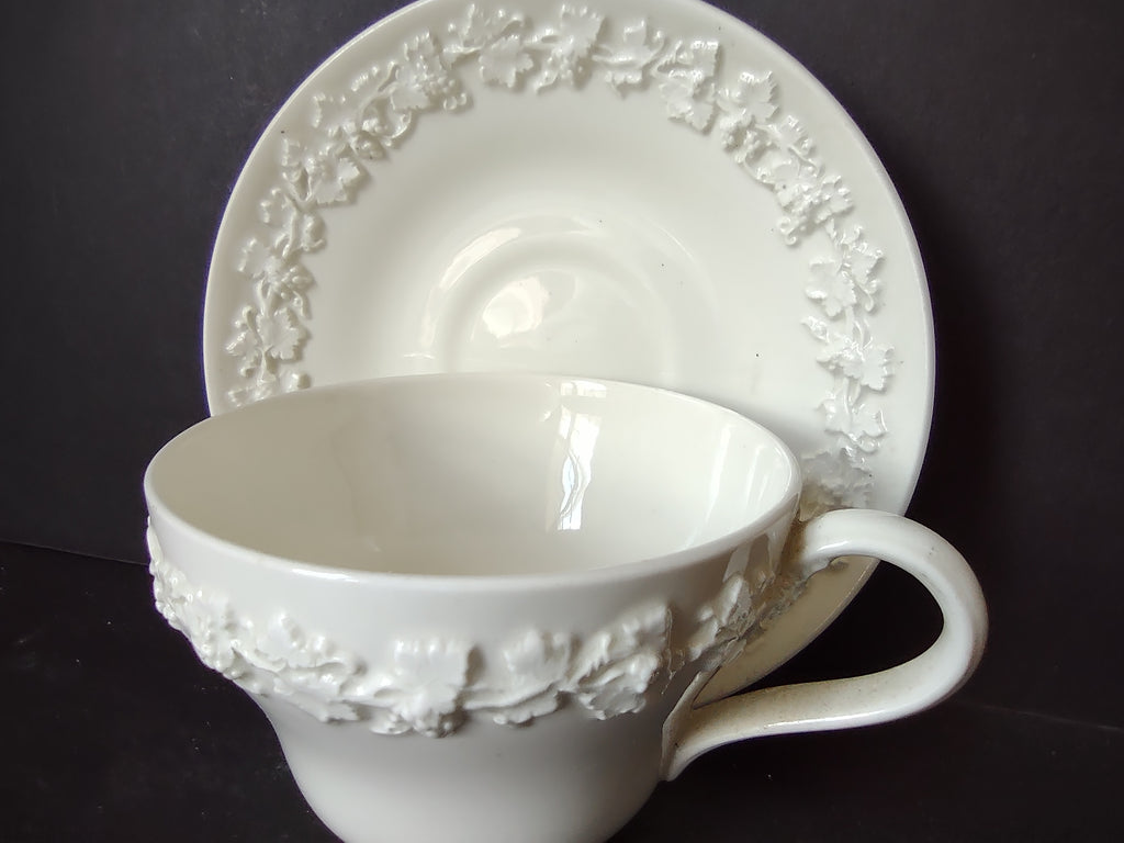 Vintage Wedgwood Embossed Queens Ware White Cup Saucer England [6161]