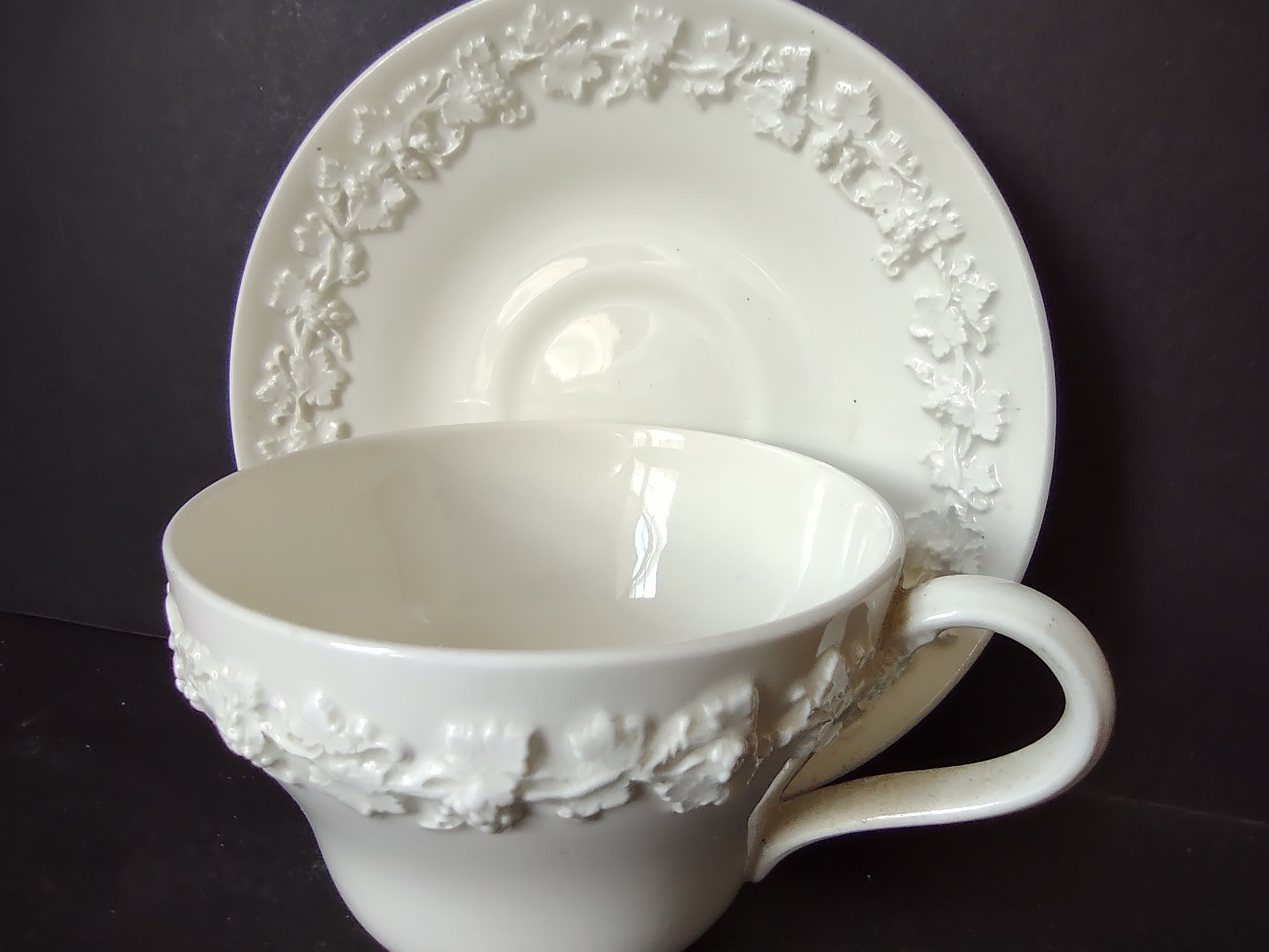 Vintage Wedgwood Embossed Queens Ware White Cup Saucer England [6161]