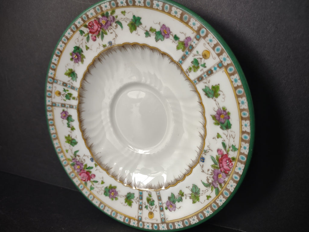 Vintage Floral Cup Saucer Green Border Gold Roses Pansies Ivy [6160]