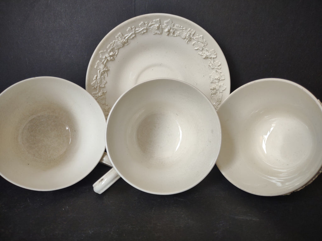 Vintage Wedgwood Embossed Queen's Ware White Cup & Saucer Set x 3 [6159]