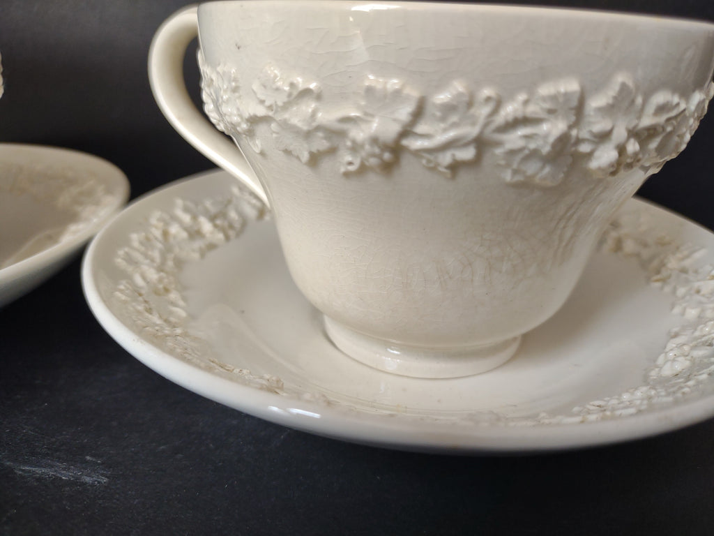 Vintage Wedgwood Embossed Queen's Ware White Cup & Saucer Set x 3 [6159]