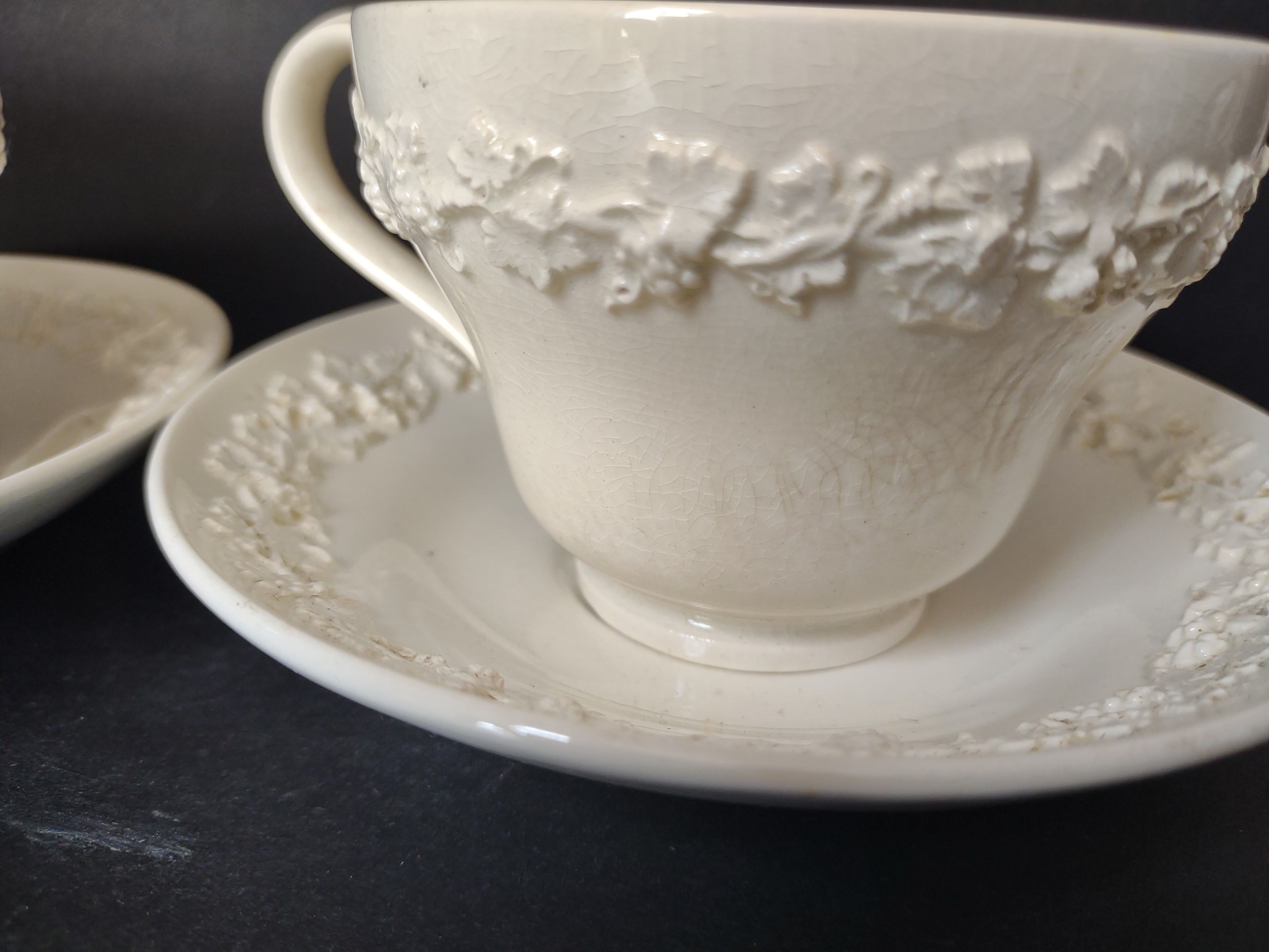 Vintage Wedgwood Embossed Queen's Ware White Cup & Saucer Set x 3 [6159]