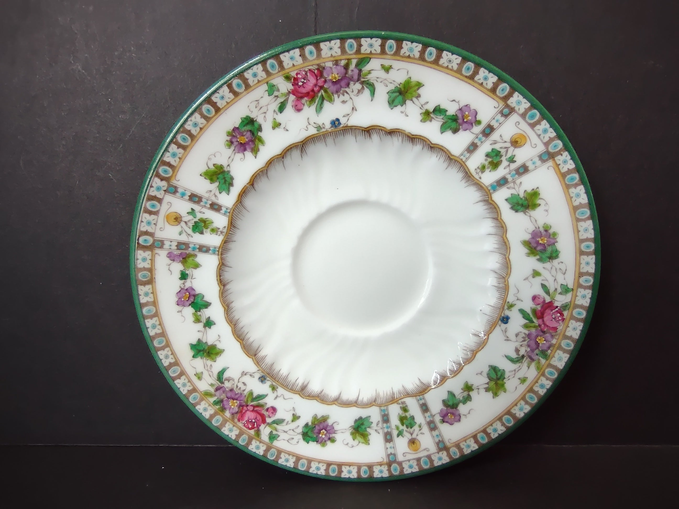 Vintage Saucer Green Rim Floral Rose Gold Lattice Fine China [6158]