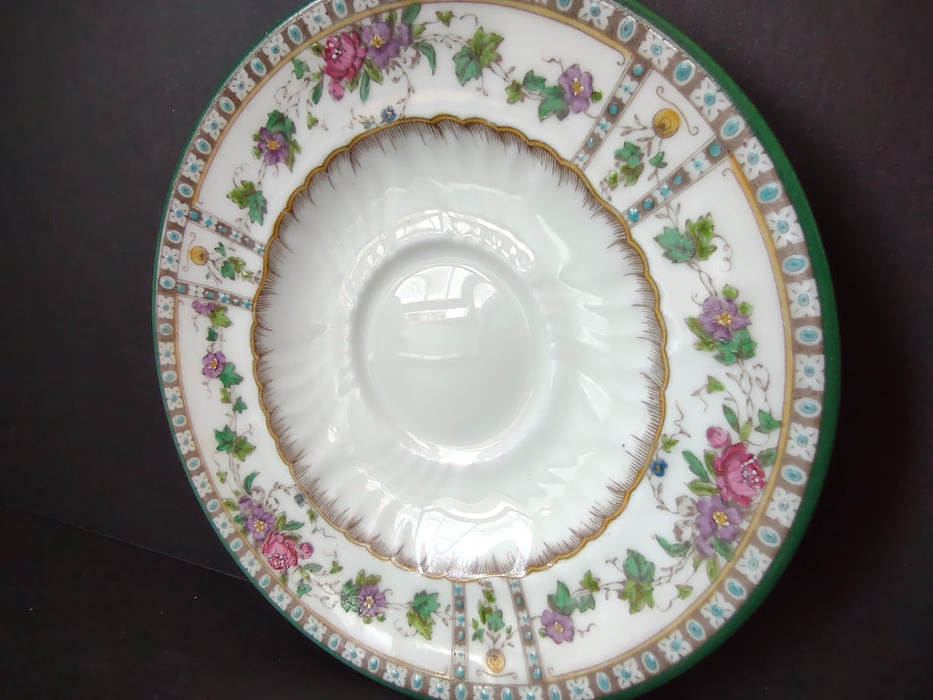 Vintage Saucer Green Rim Floral Rose Gold Lattice Fine China [6158]