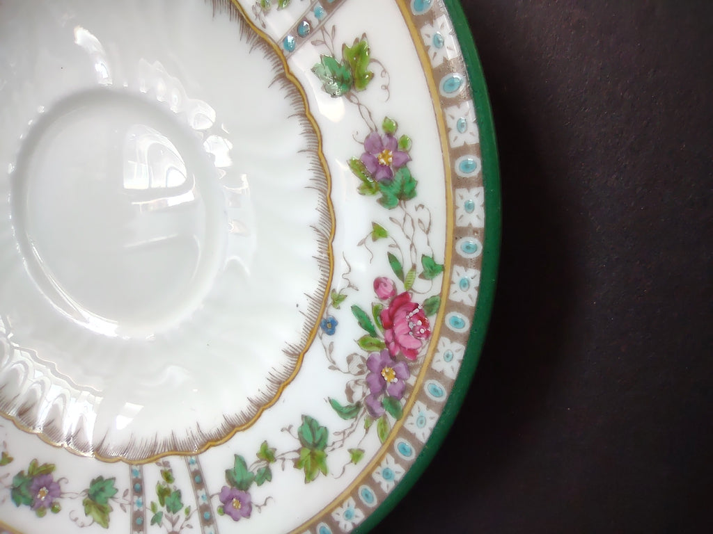 Vintage Saucer Green Rim Floral Rose Gold Lattice Fine China [6158]