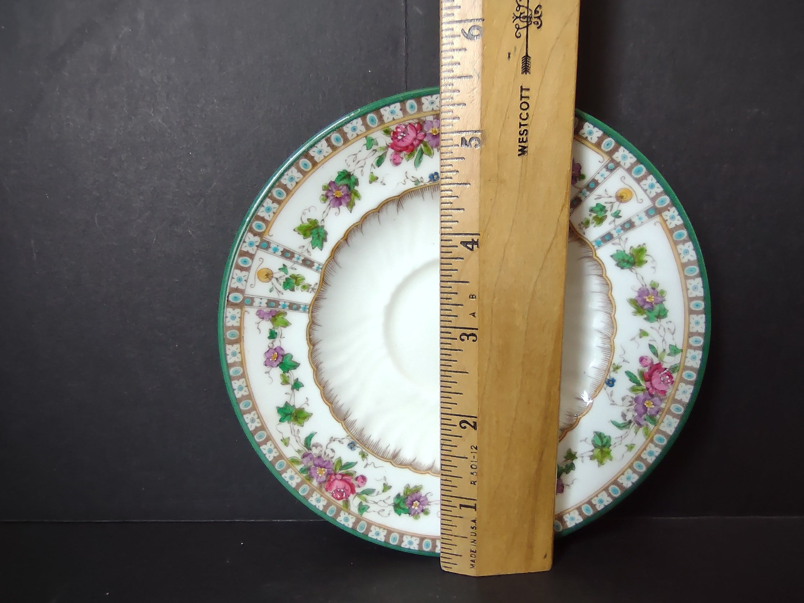 Vintage Saucer Green Rim Floral Rose Gold Lattice Fine China [6158]