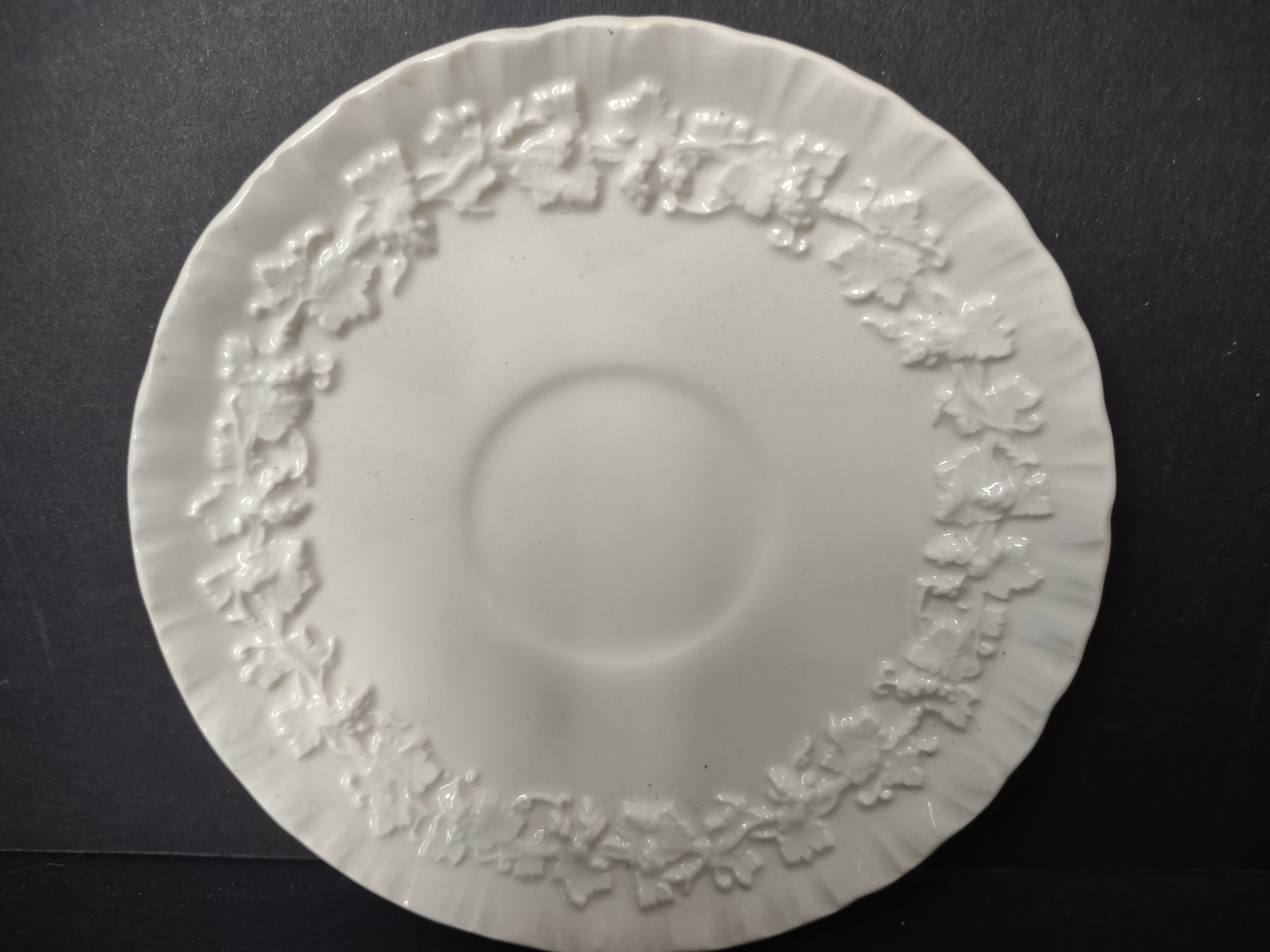 Vintage Wedgwood Embossed Queensware White Demitasse Saucer Grape Vine Leaf [6156]