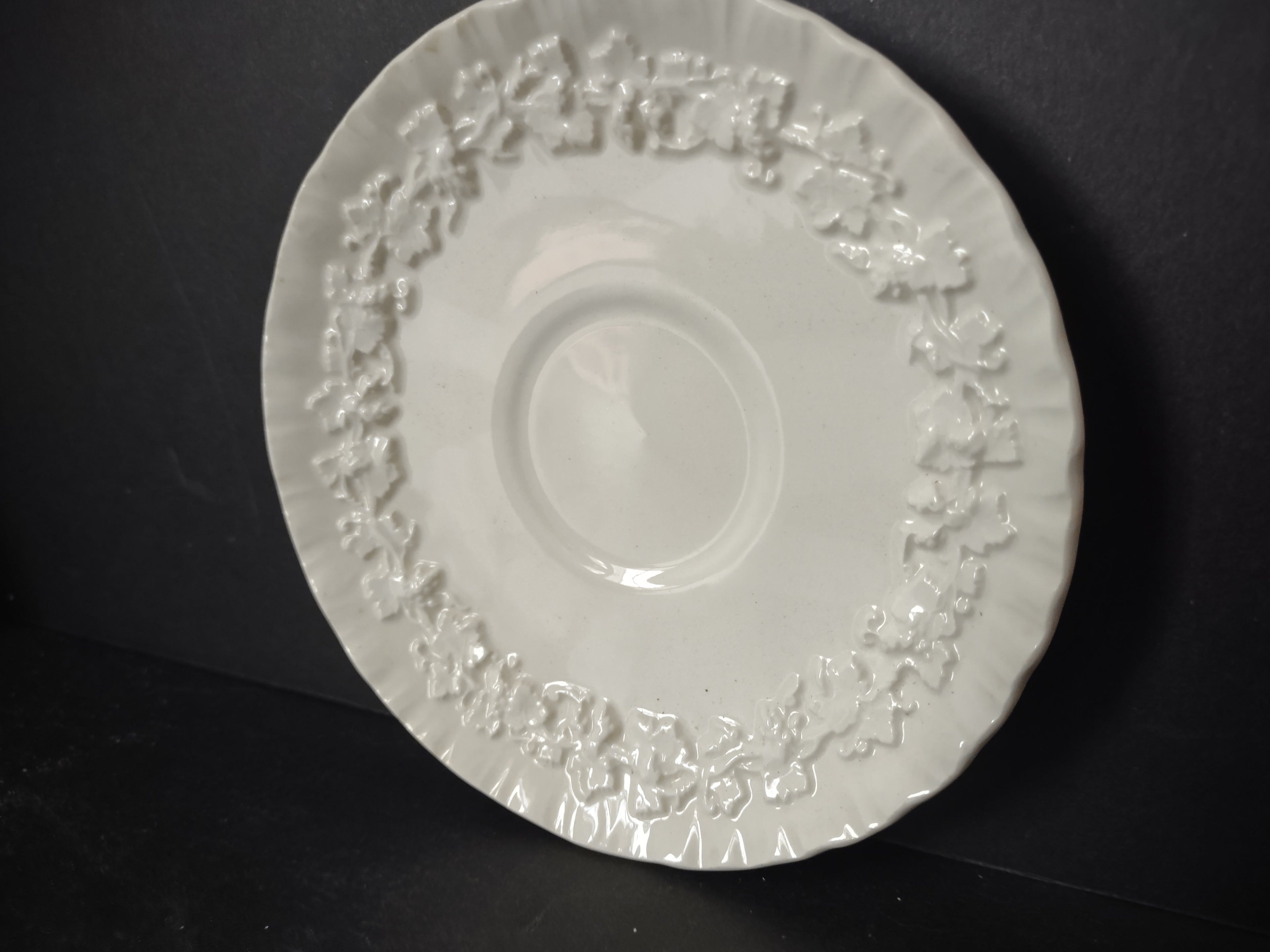 Vintage Wedgwood Embossed Queensware White Demitasse Saucer Grape Vine Leaf [6156]