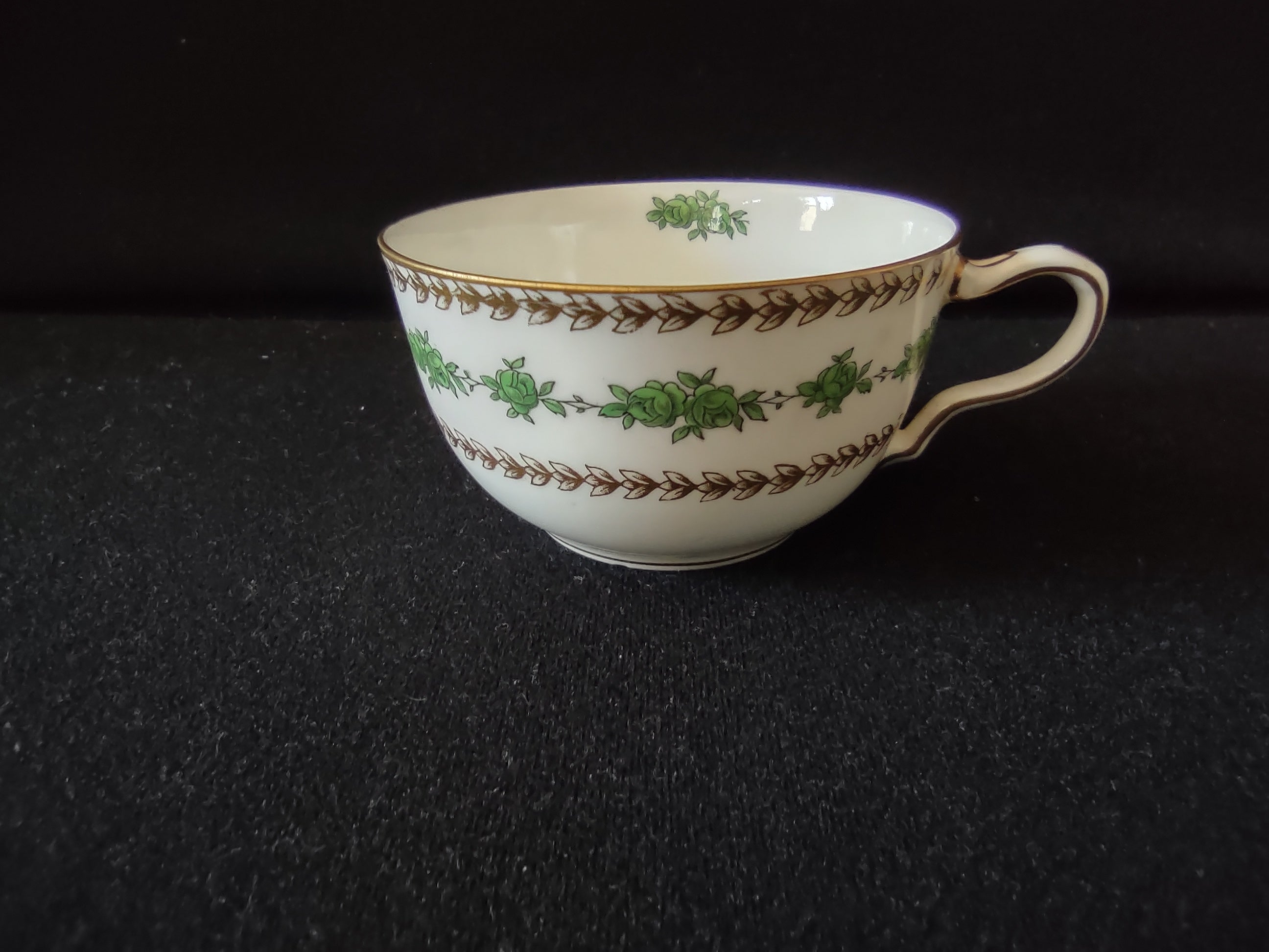 Vintage Wedgwood Cup Saucer Bone China Green Rose Gold Laurel England [6140]