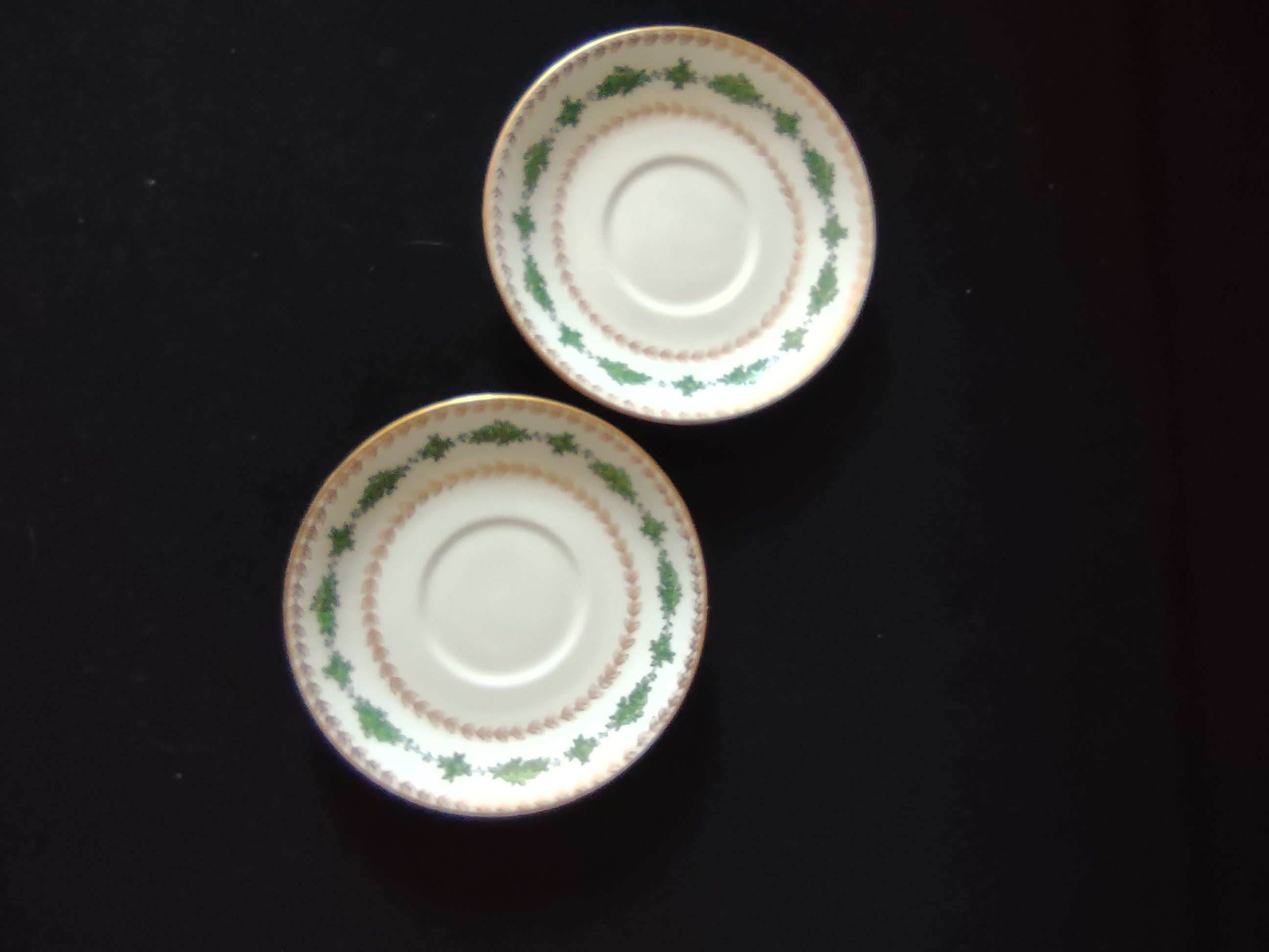 Vintage Wedgwood Saucers Bone China Green Rose Gold Laurel England Pair [6141]
