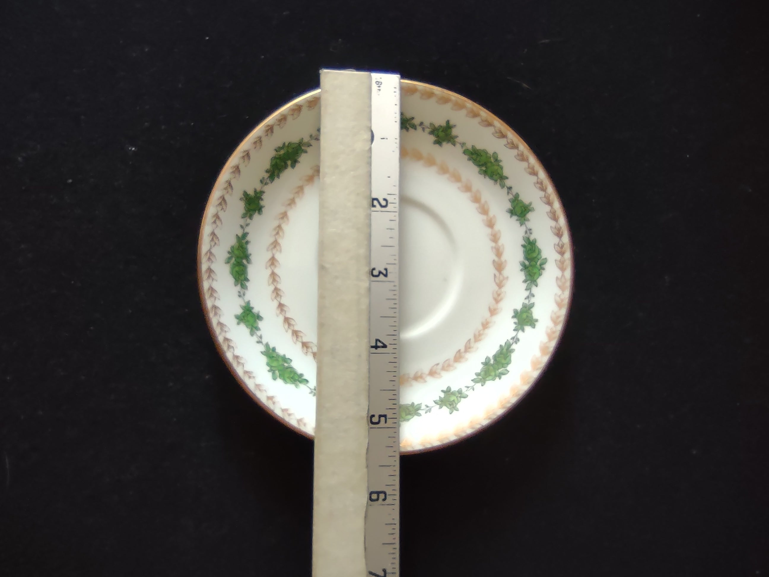 Vintage Wedgwood Saucers Bone China Green Rose Gold Laurel England Pair [6141]