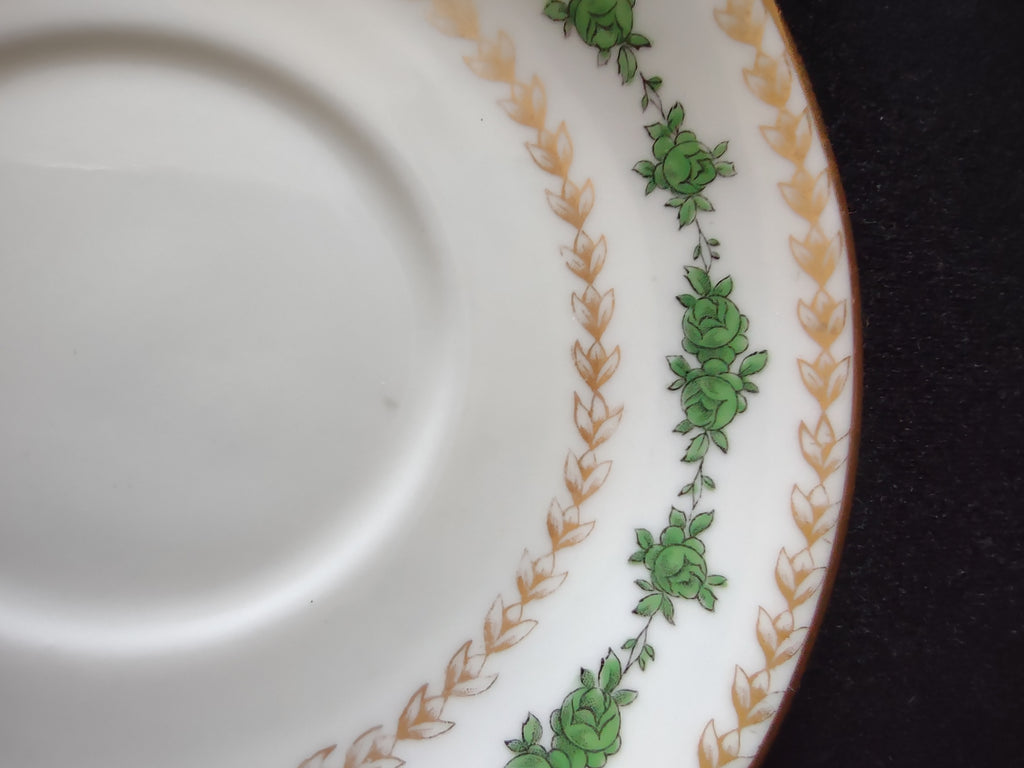 Vintage Wedgwood Saucers Bone China Green Rose Gold Laurel England Pair [6141]