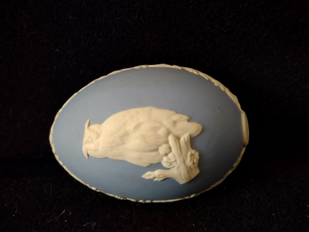 Vintage Wedgwood Blue Jasperware Egg Box Lid ONLY Owl Relief Oval [6188]