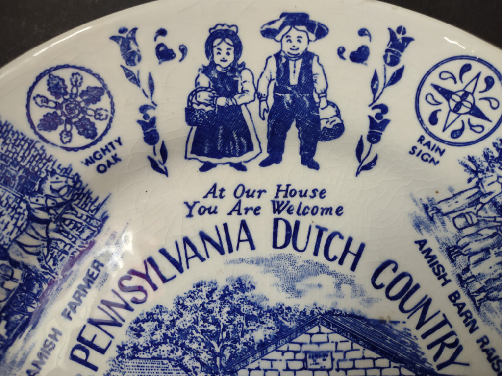 Vintage Pennsylvania Dutch Country Blue White Transferware Plate Crazing [6216]