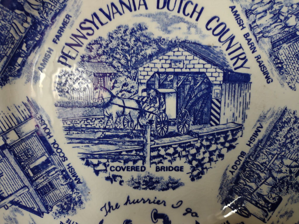 Vintage Pennsylvania Dutch Country Blue White Transferware Plate Crazing [6216]