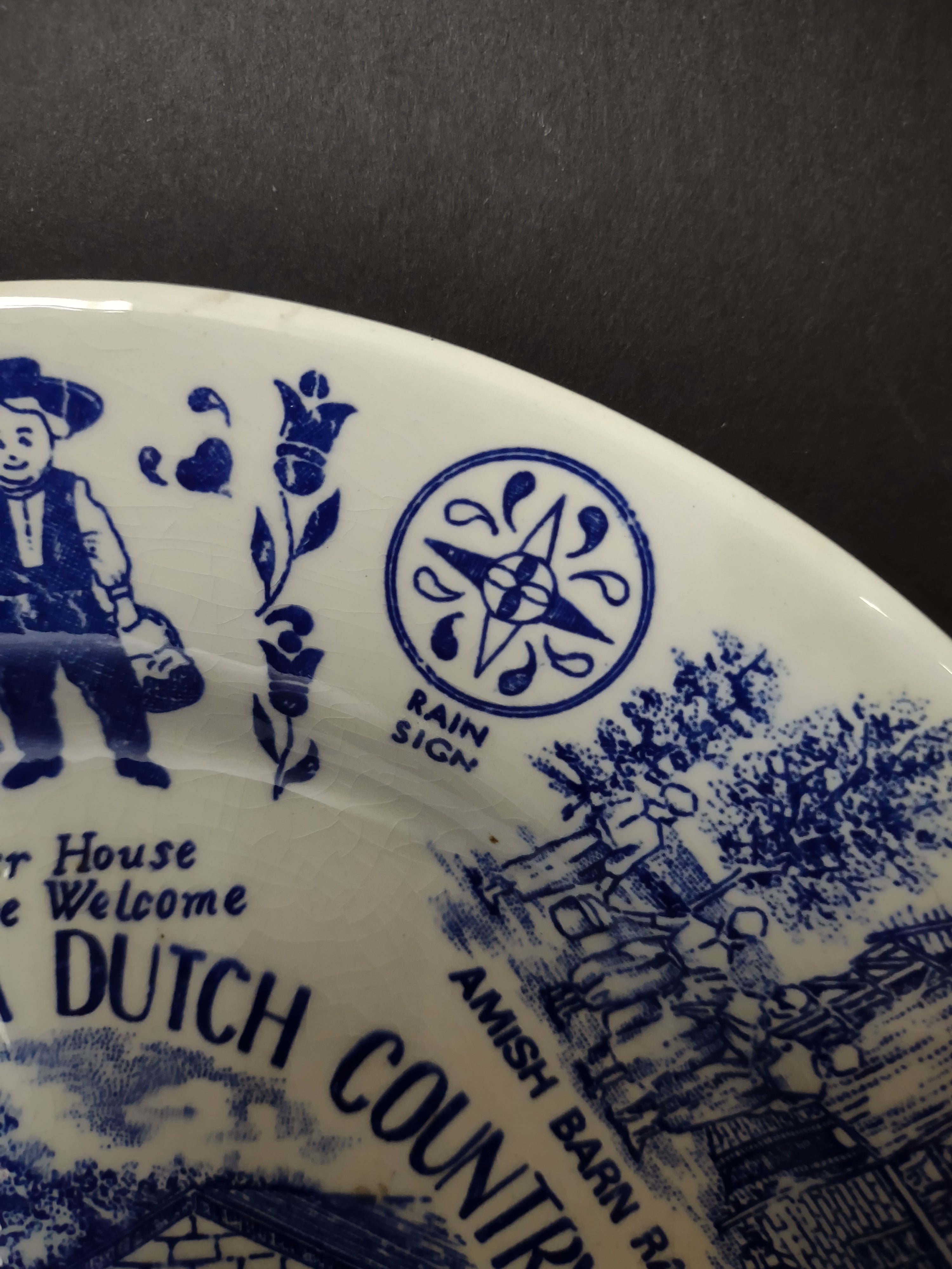 Vintage Pennsylvania Dutch Country Blue White Transferware Plate Crazing [6216]