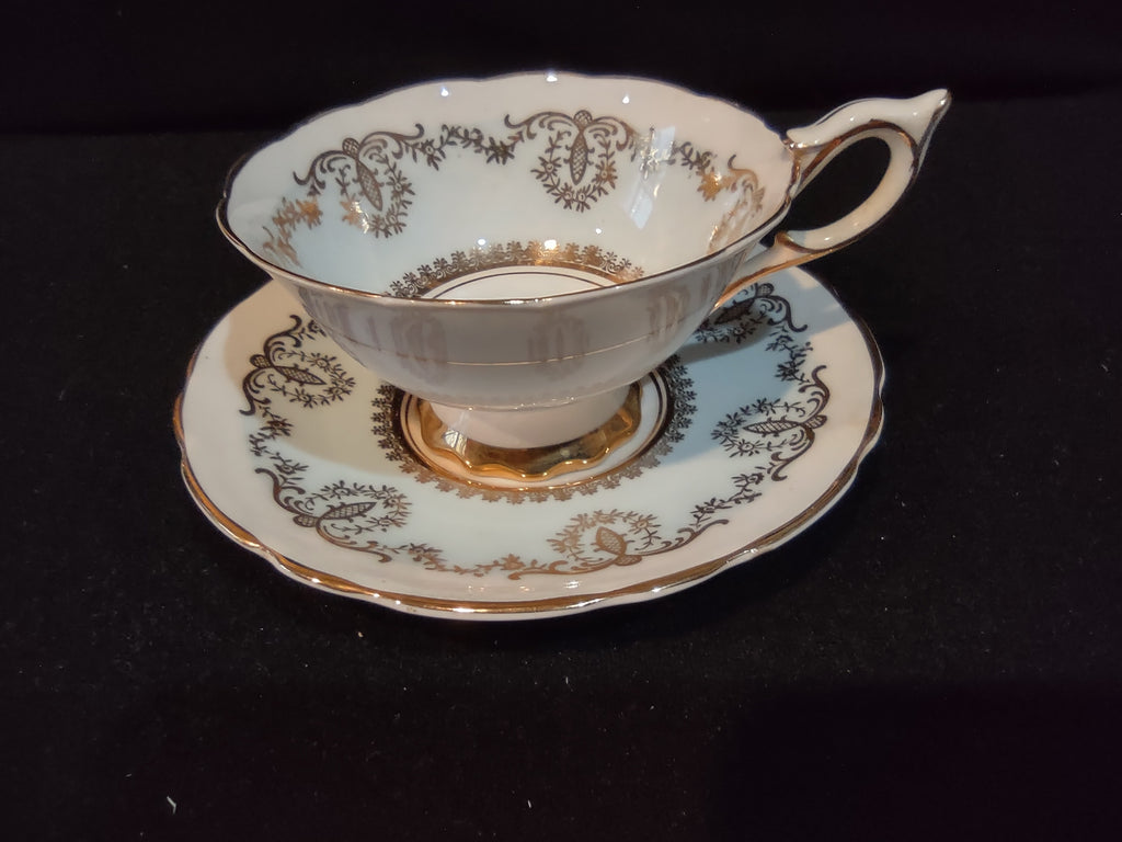 Vintage Royal Stafford Cup & Saucer Bone China Gold Scrollwork England [6213]