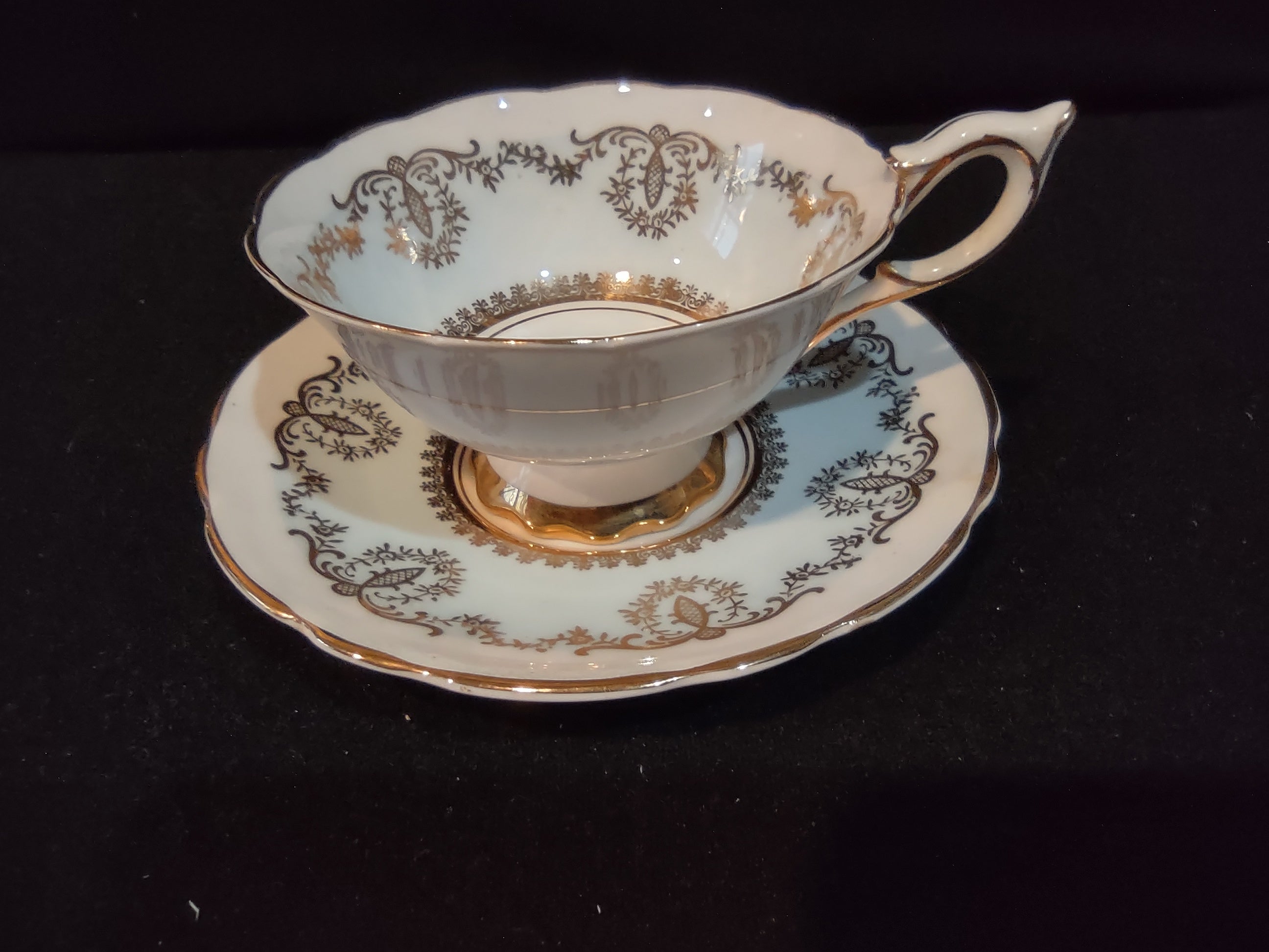 Vintage Royal Stafford Cup & Saucer Bone China Gold Scrollwork England [6213]