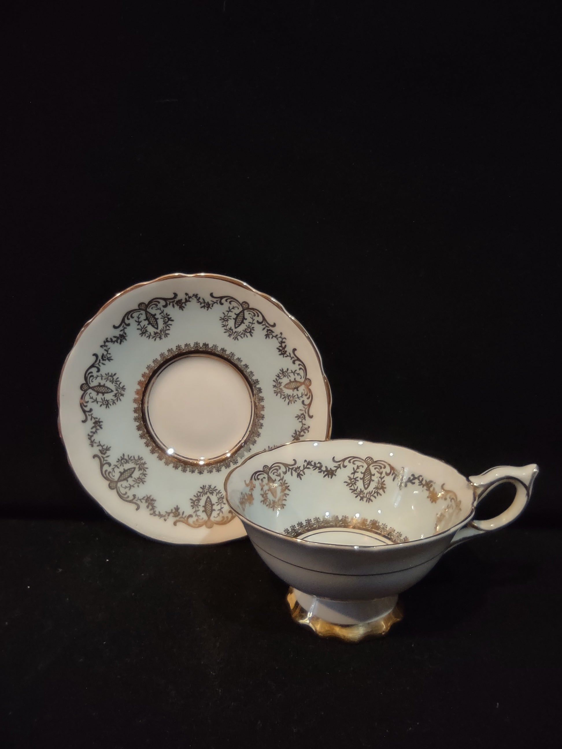 Vintage Royal Stafford Cup & Saucer Bone China Gold Scrollwork England [6213]