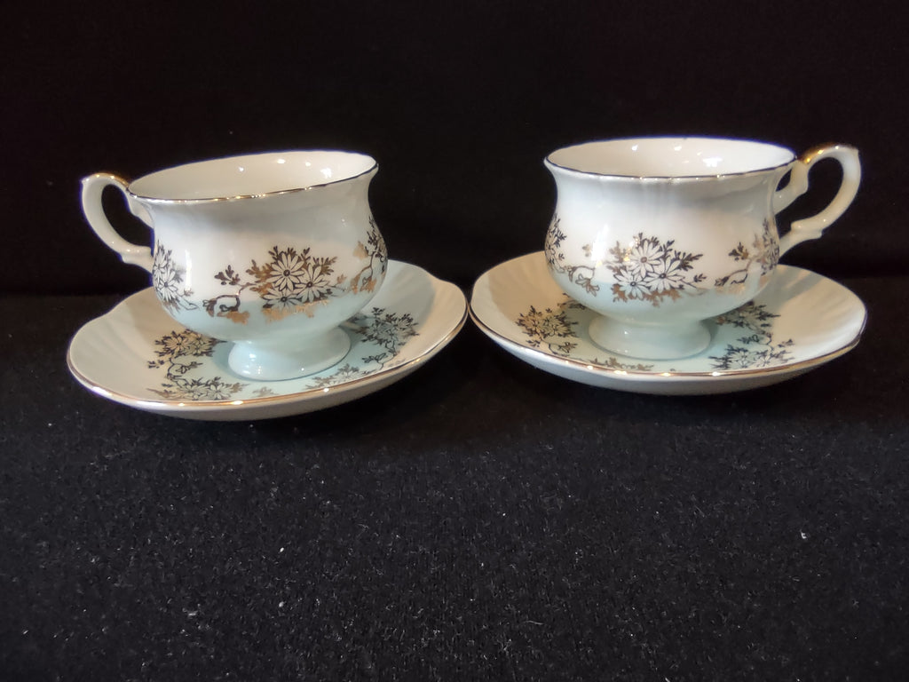 Vintage Staffordshire Cup Saucer Bone China Blue Gold Daisy England Pair [6214]