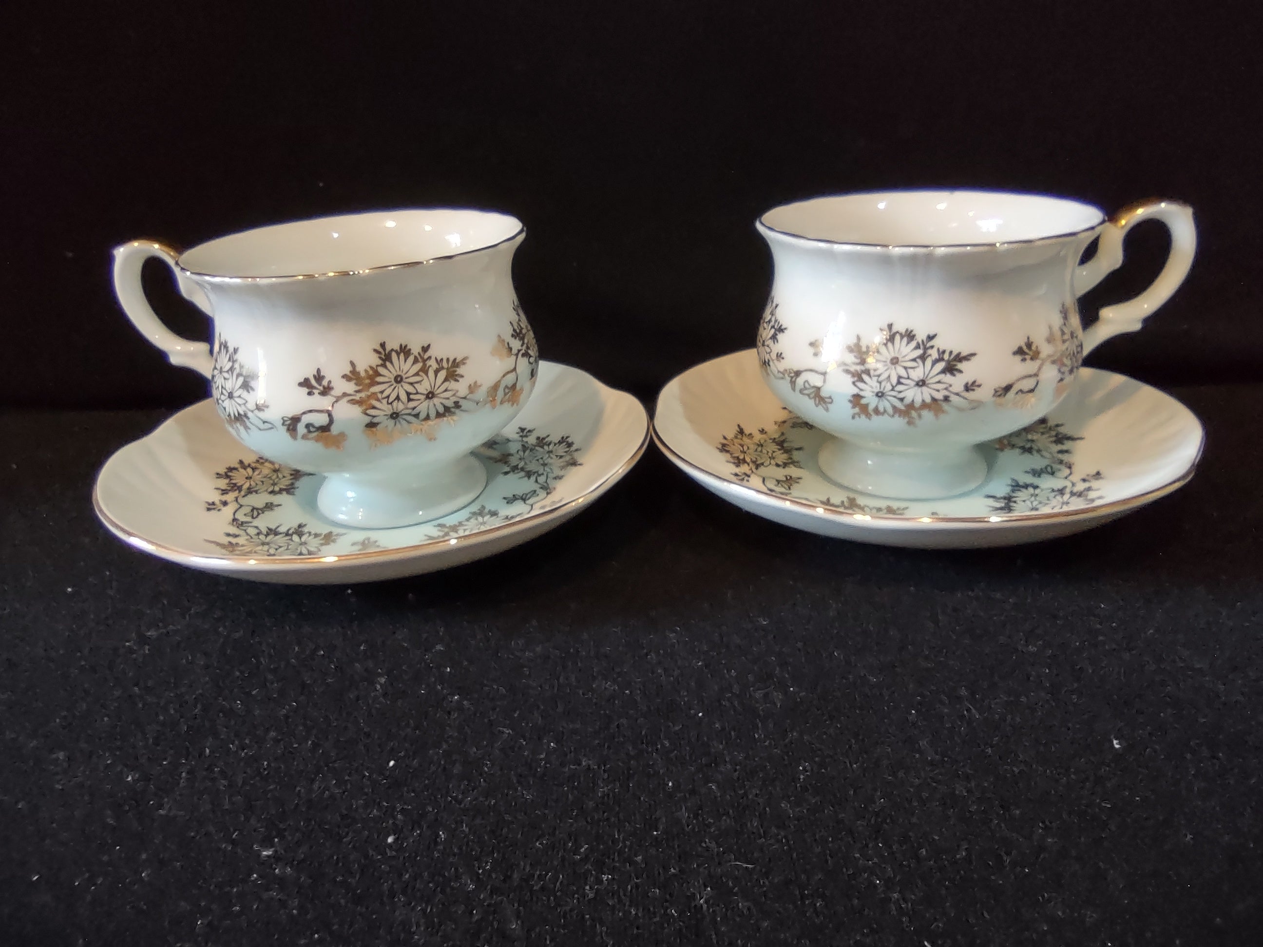 Vintage Staffordshire Cup Saucer Bone China Blue Gold Daisy England Pair [6214]