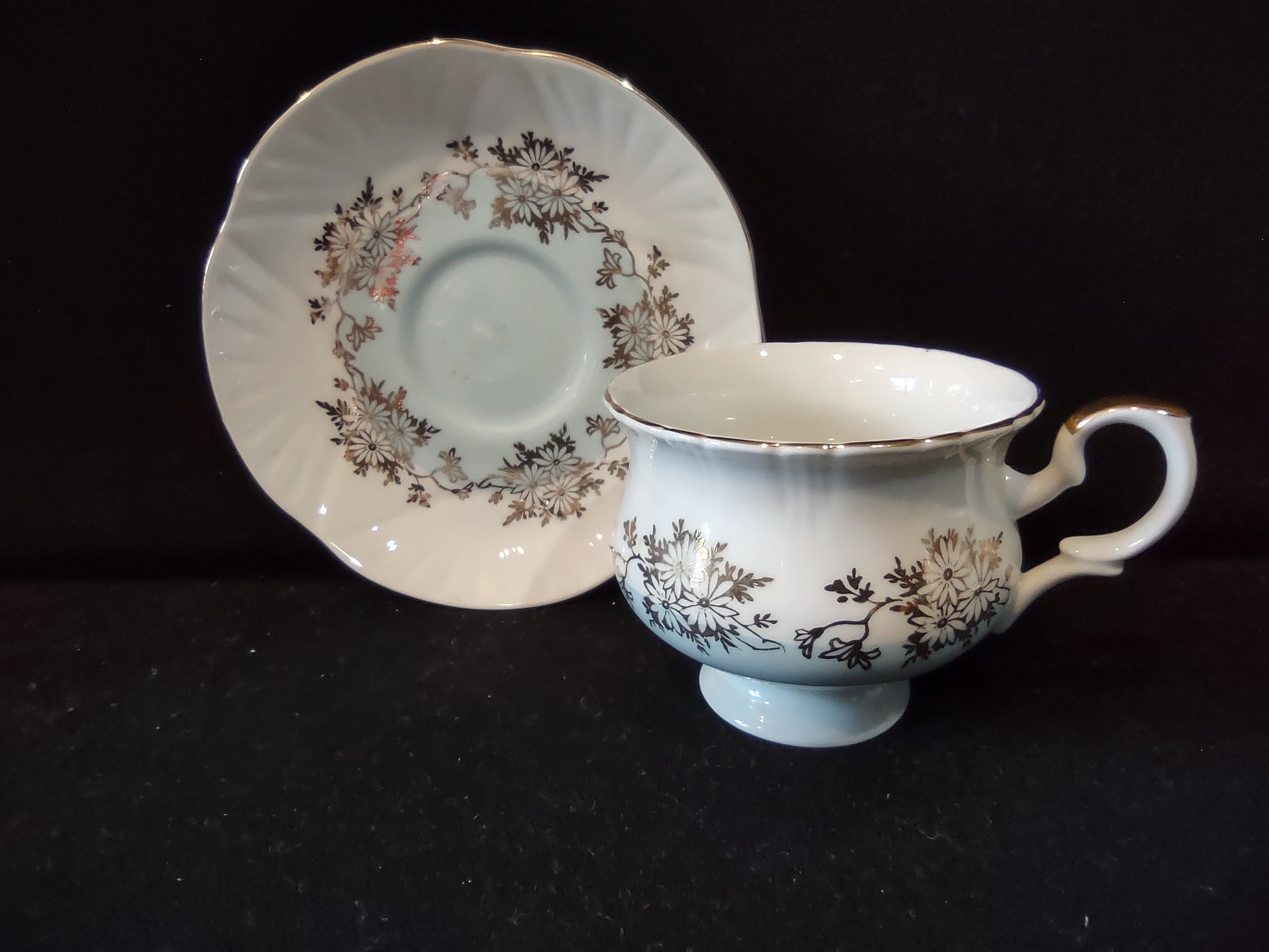 Vintage Staffordshire Cup Saucer Bone China Blue Gold Daisy England Pair [6214]