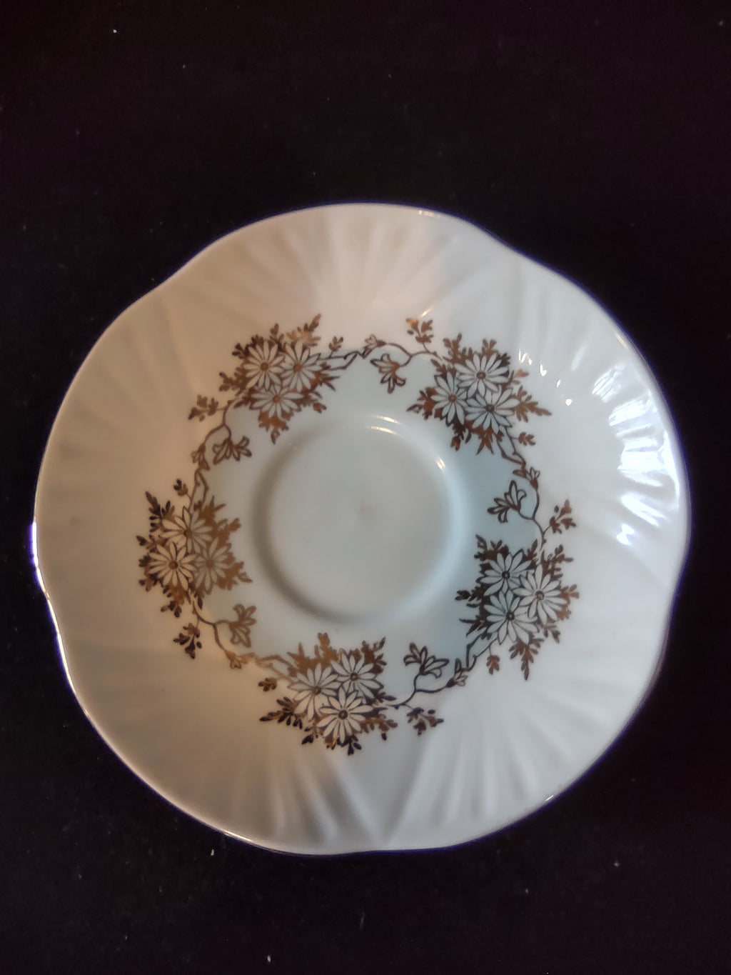 Vintage Staffordshire Cup Saucer Bone China Blue Gold Daisy England Pair [6214]
