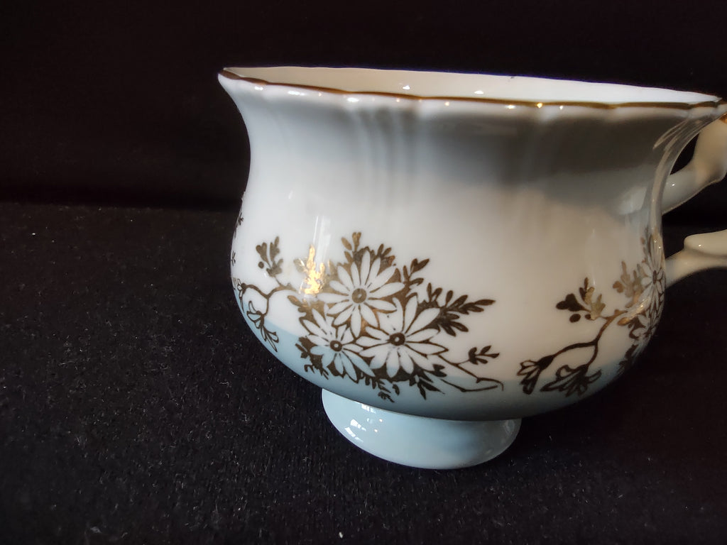 Vintage Staffordshire Cup Saucer Bone China Blue Gold Daisy England Pair [6214]
