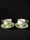 Vintage Staffordshire Cup Saucer Bone China Green Gold Daisy England Pair [6221]