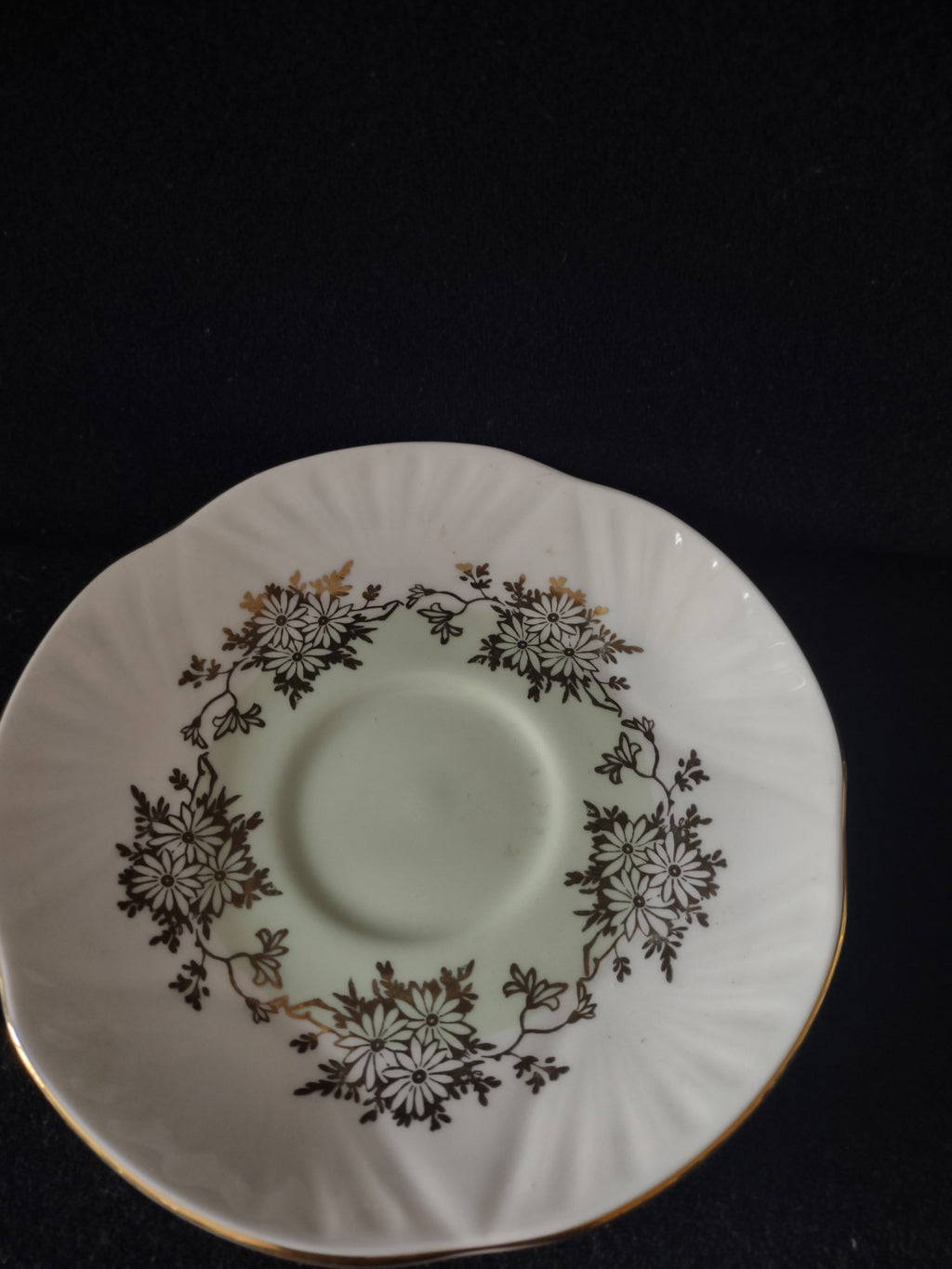 Vintage Staffordshire Cup Saucer Bone China Green Gold Daisy England Pair [6221]