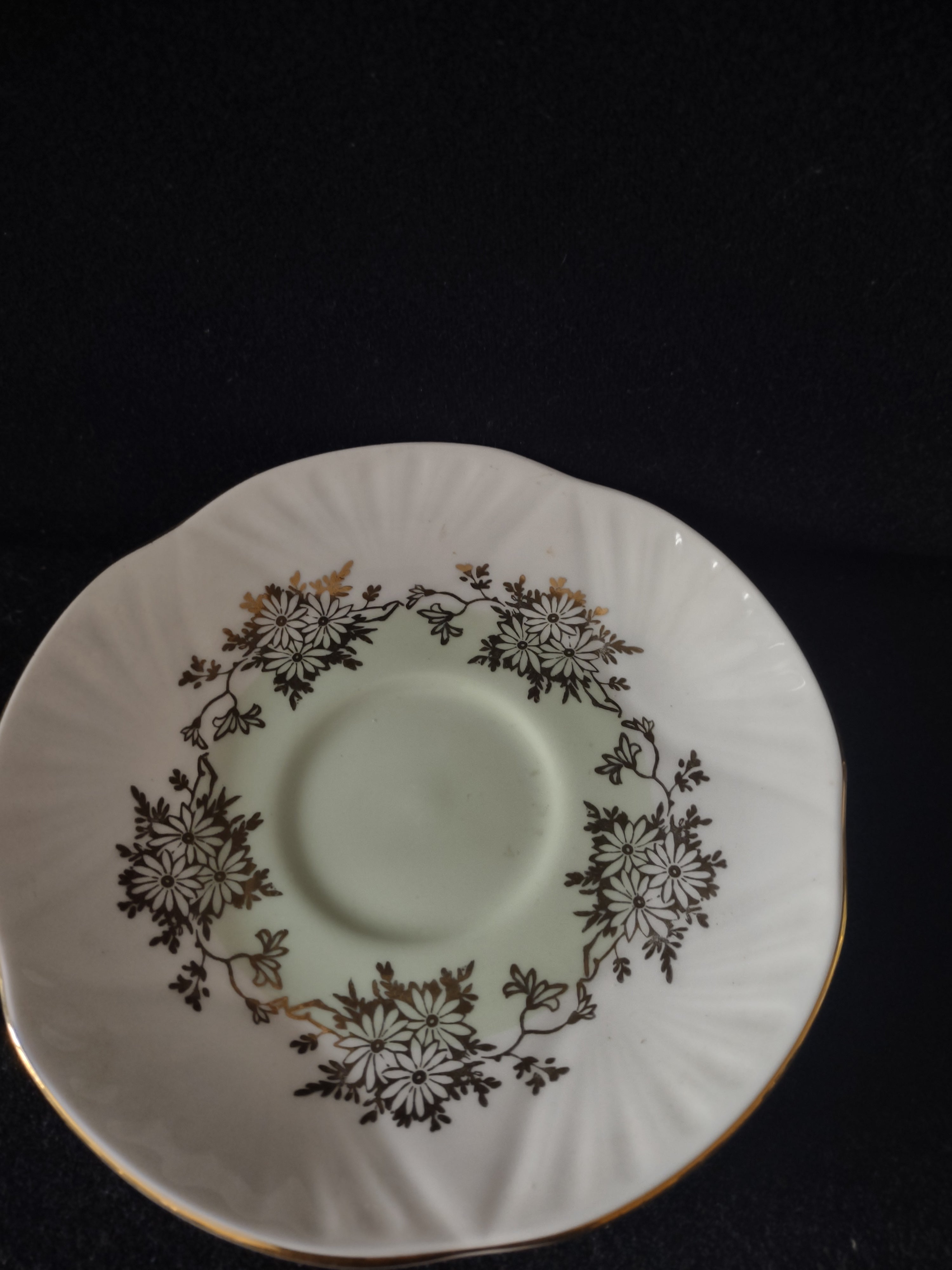 Vintage Staffordshire Cup Saucer Bone China Green Gold Daisy England Pair [6221]