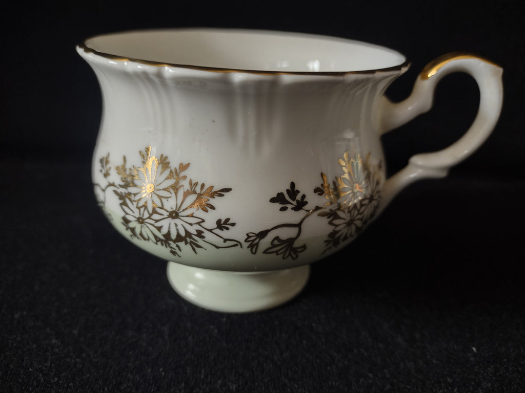 Vintage Staffordshire Cup Saucer Bone China Green Gold Daisy England Pair [6221]