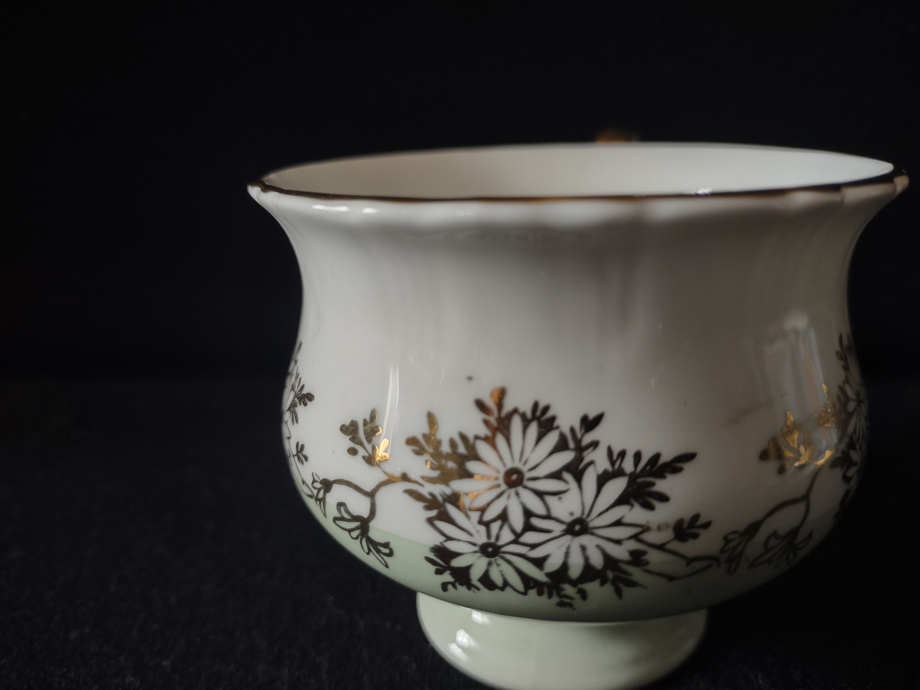 Vintage Staffordshire Cup Saucer Bone China Green Gold Daisy England Pair [6221]