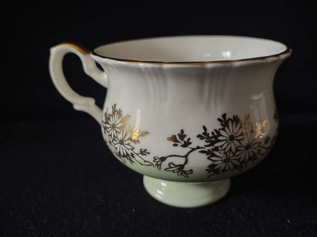 Vintage Staffordshire Cup Saucer Bone China Green Gold Daisy England Pair [6221]
