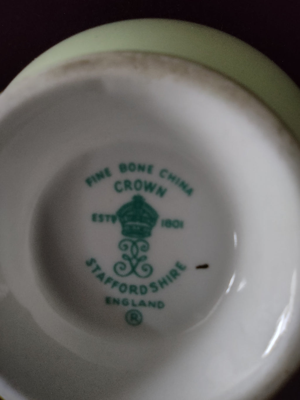Vintage Staffordshire Cup Saucer Bone China Green Gold Daisy England Pair [6221]