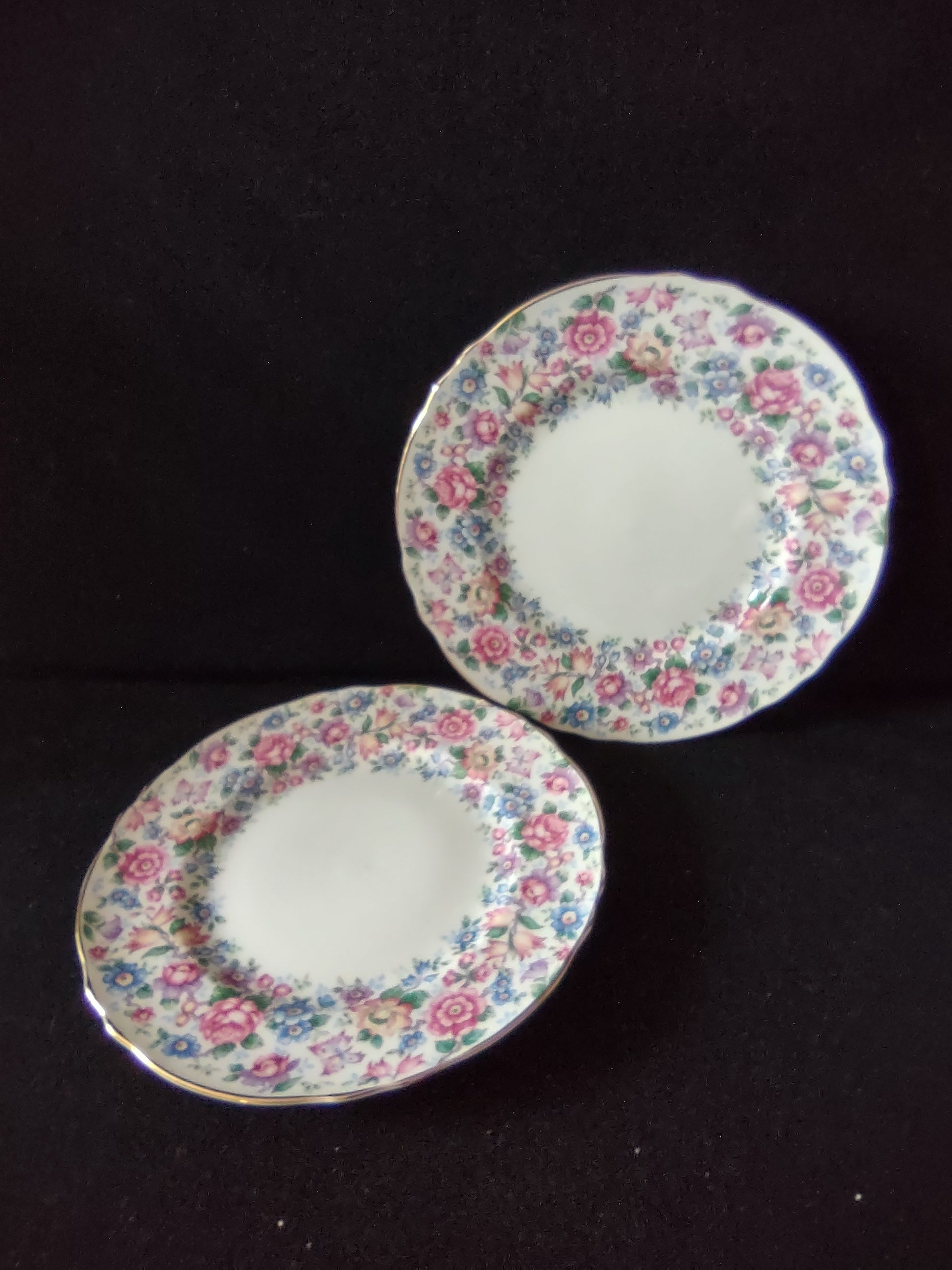 Vintage Staffordshire Salad Plate Bone China Pink Blue Floral England Pair [6225]