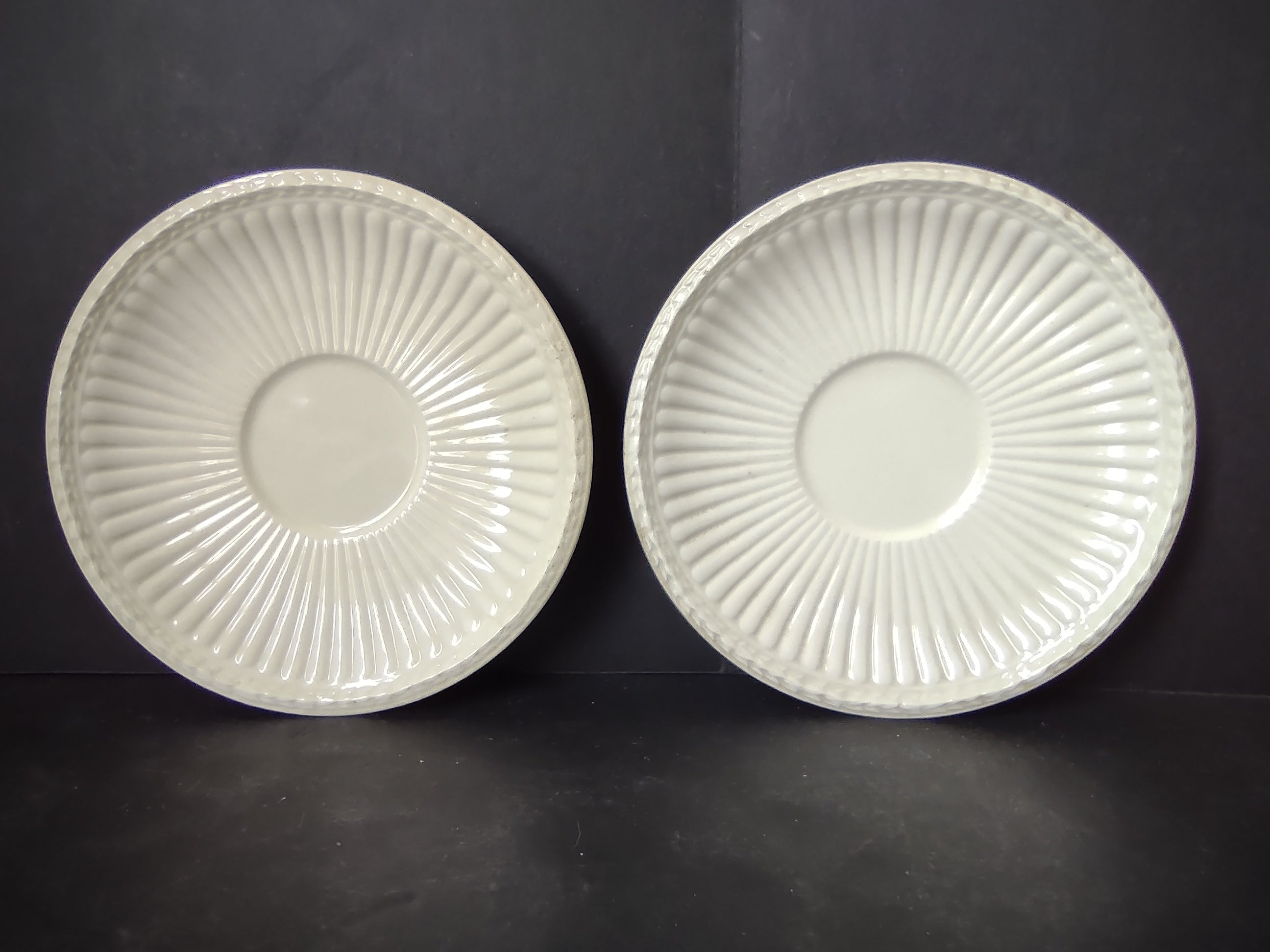 Vintage Wedgwood Demitasse Saucer Pair Green Stamp White Ribbed England ETRURIA Crazing [6230]