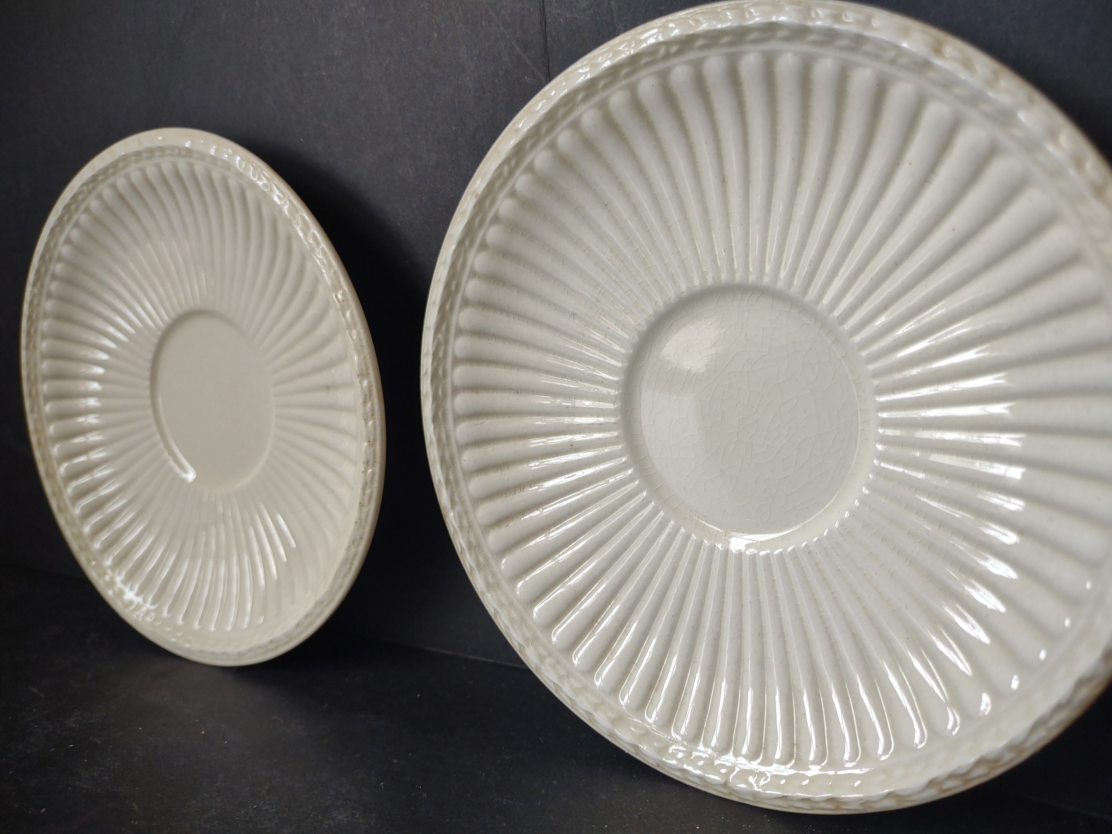 Vintage Wedgwood Demitasse Saucer Pair Green Stamp White Ribbed England ETRURIA Crazing [6230]