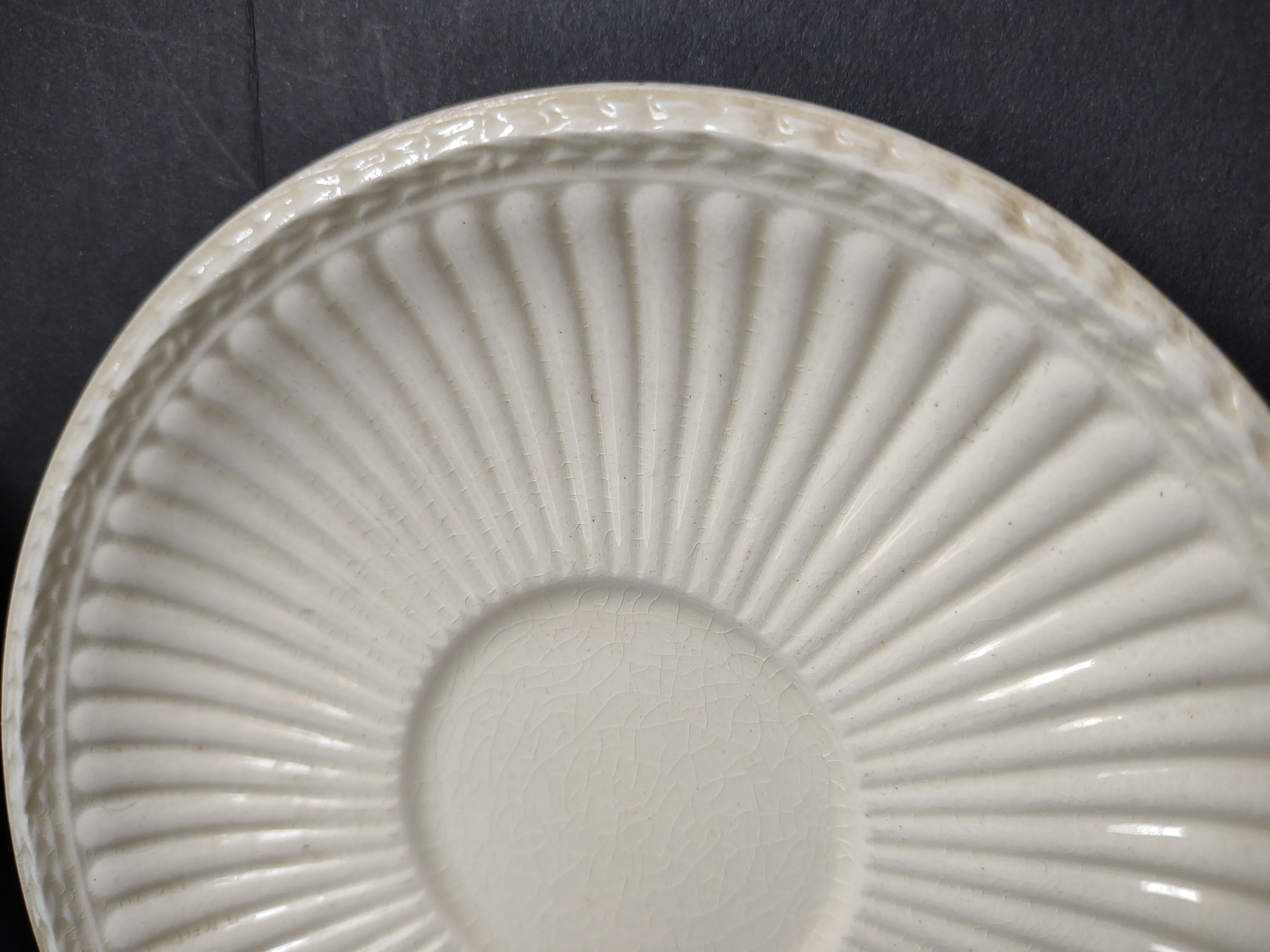 Vintage Wedgwood Demitasse Saucer Pair Green Stamp White Ribbed England ETRURIA Crazing [6230]