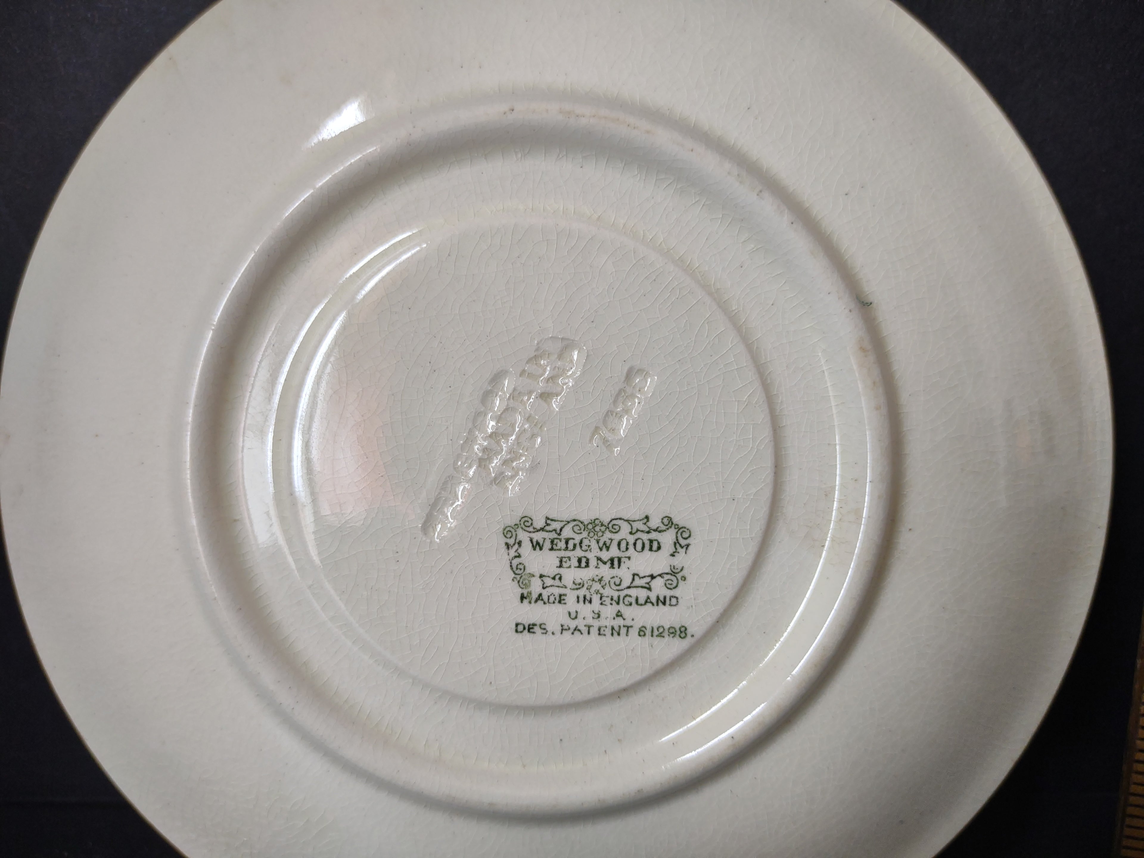 Vintage Wedgwood Demitasse Saucer Pair Green Stamp White Ribbed England ETRURIA Crazing [6230]