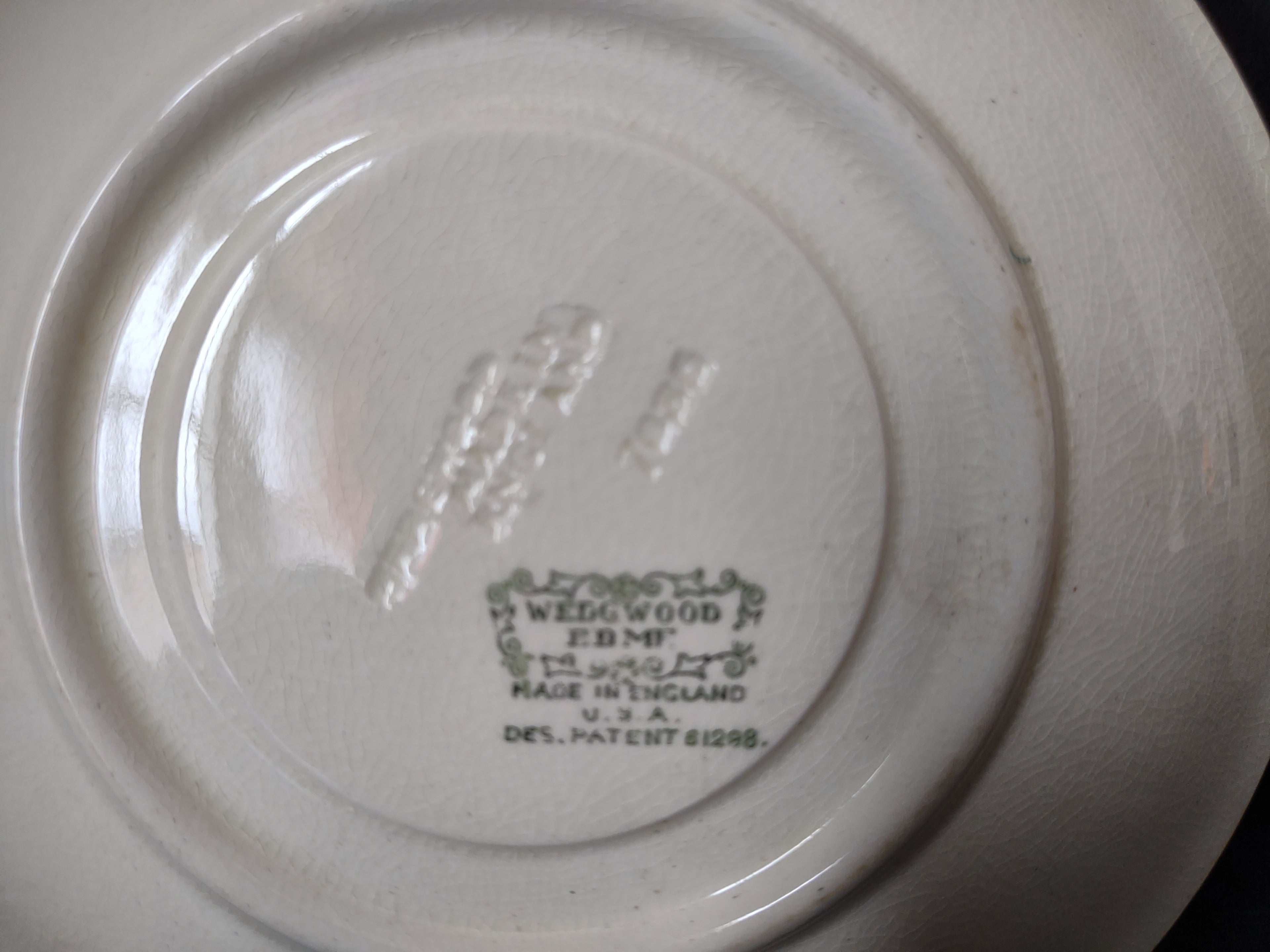 Vintage Wedgwood Demitasse Saucer Pair Green Stamp White Ribbed England ETRURIA Crazing [6230]