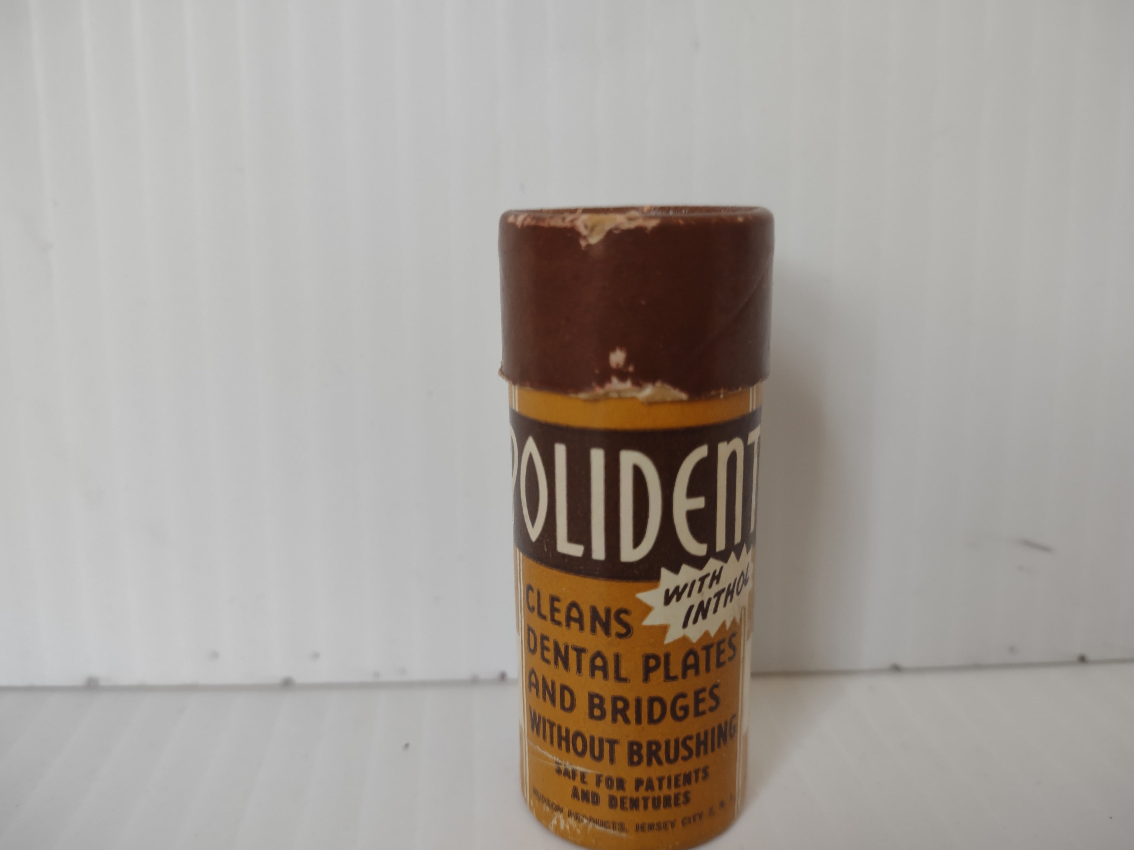 Vintage Polident Denture Cleaner Paper Container EMPTY Brown & Gold [6474]