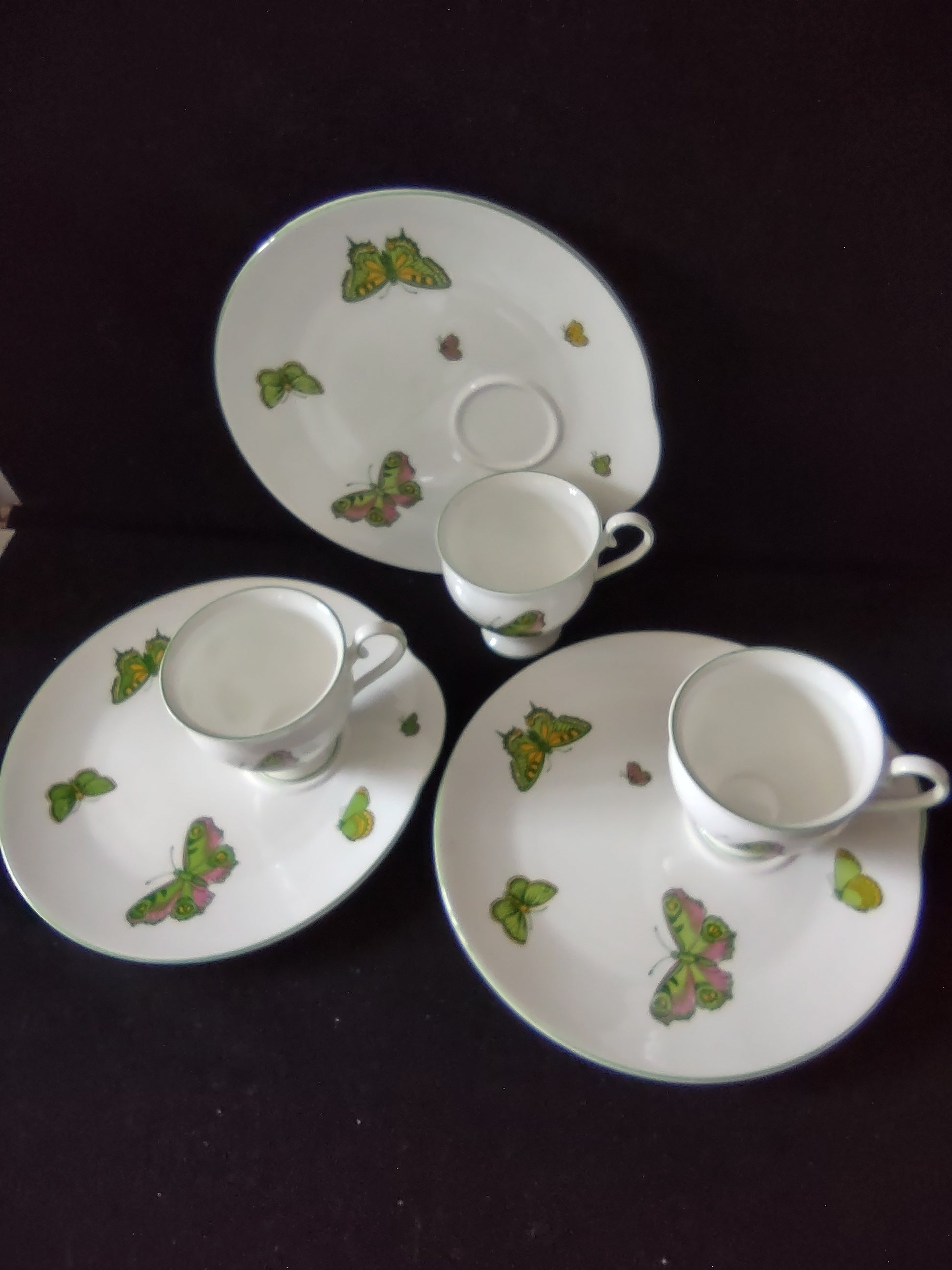 Vintage Staffordshire Butterfly Snack Plate Cup Bone China England x3 [6269]