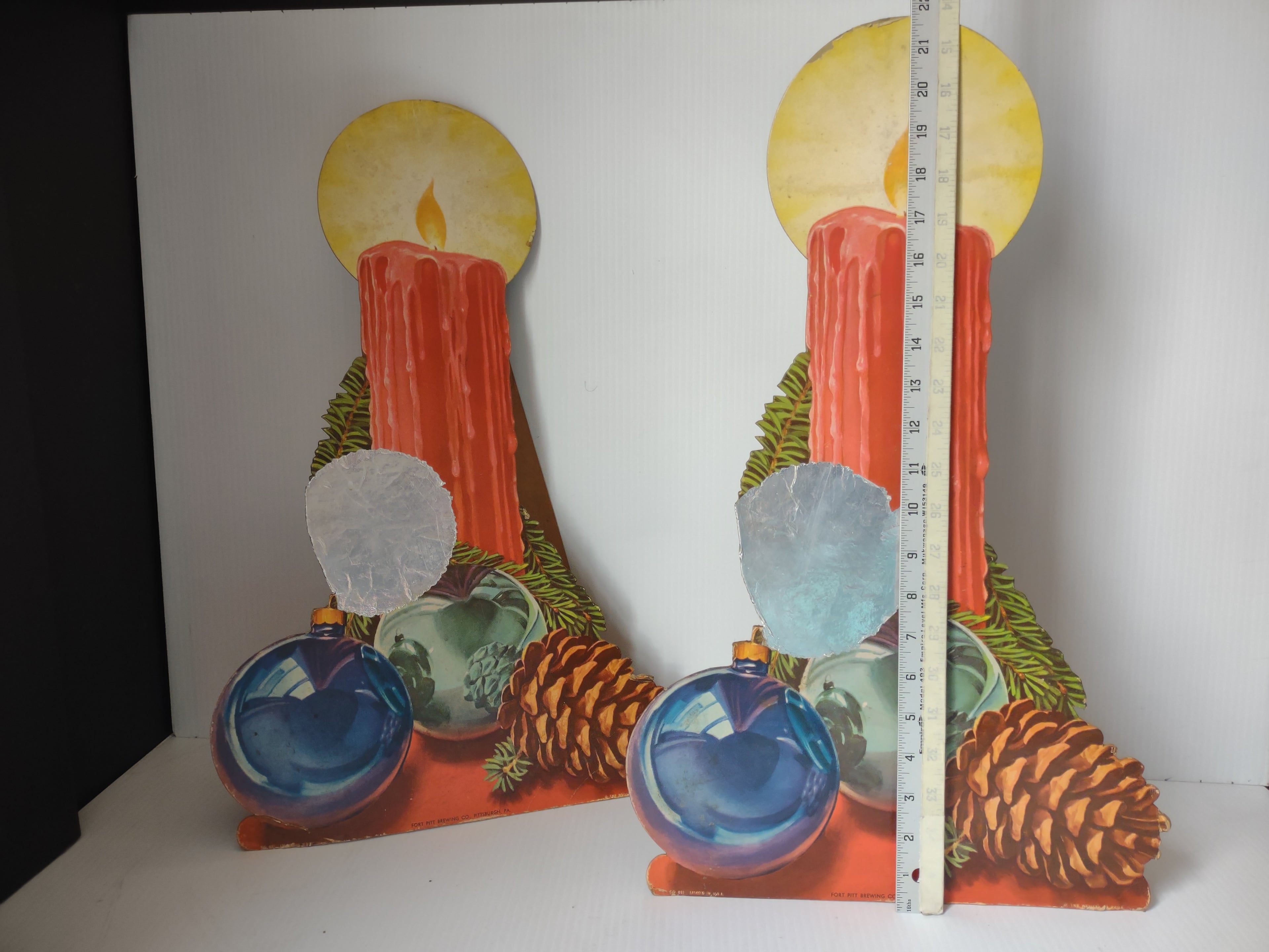 Vintage Cardboard Christmas Candle Stand-Up Weiller Co. Pair Fort Pitt Brewery [4828]