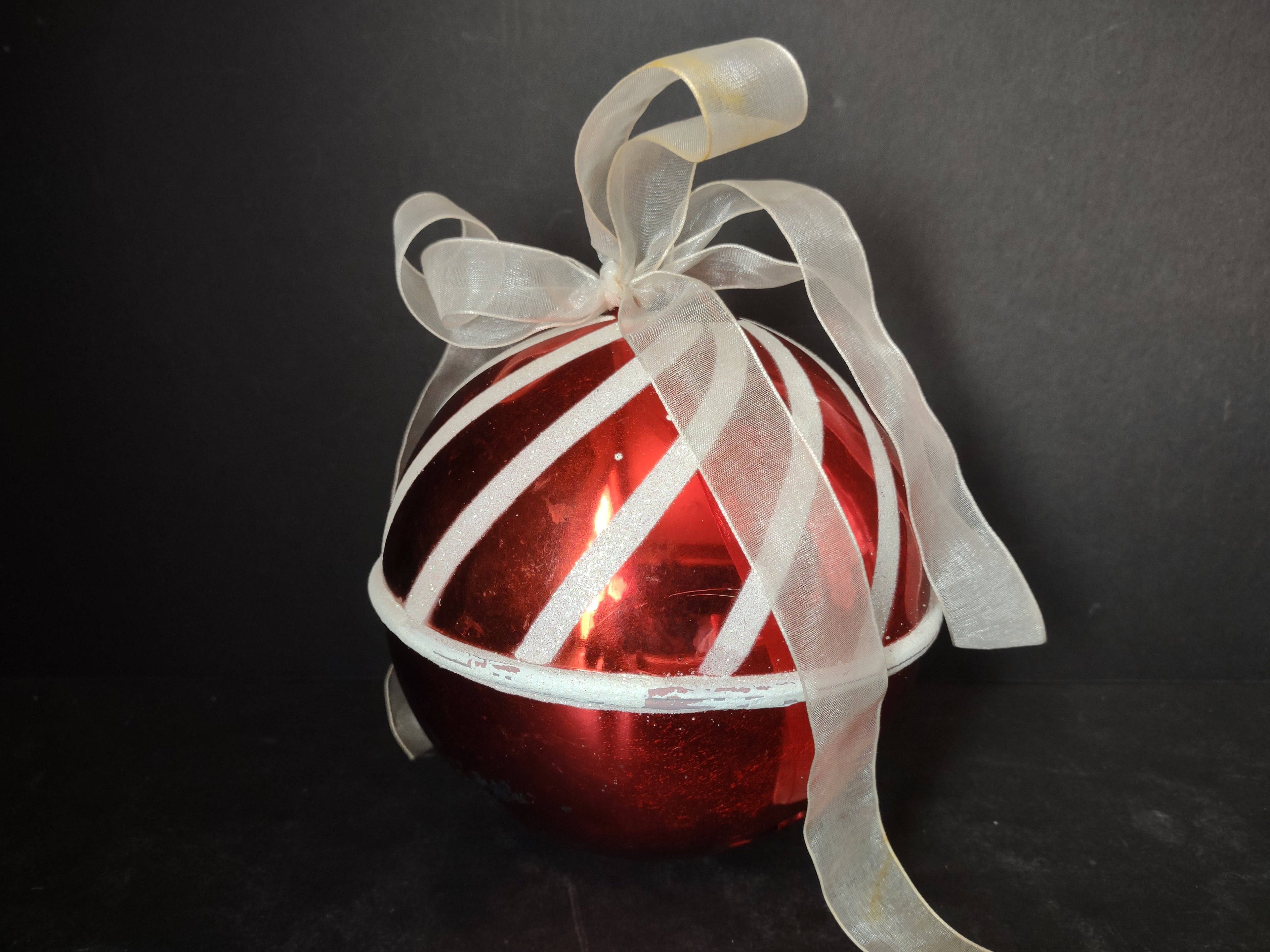Vintage Large Red Metal Jingle Bell White Ribbon Bow Christmas 5" Ornament [4829]