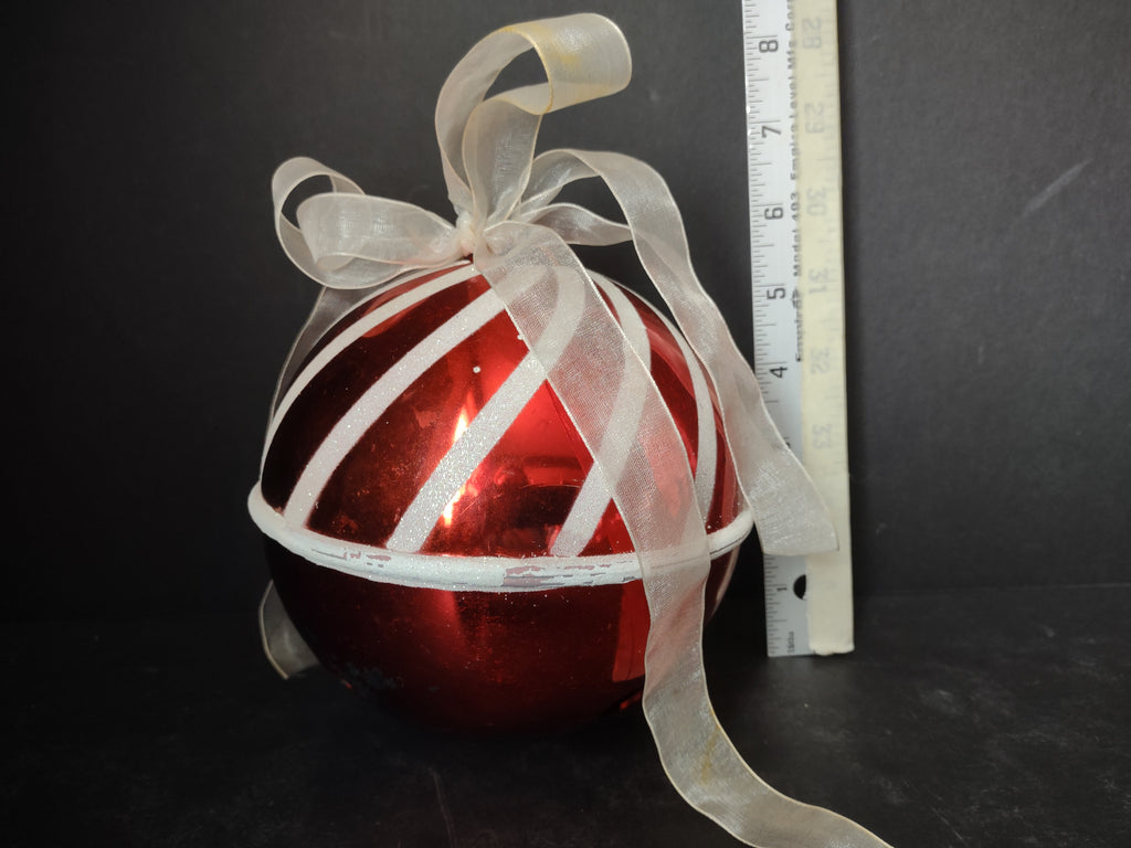 Vintage Large Red Metal Jingle Bell White Ribbon Bow Christmas 5" Ornament [4829]