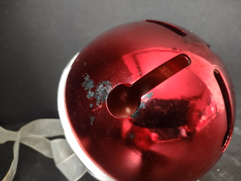Vintage Large Red Metal Jingle Bell White Ribbon Bow Christmas 5" Ornament [4829]