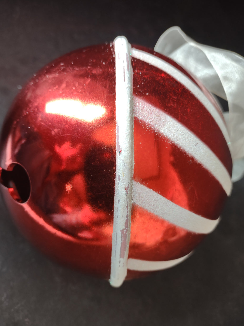 Vintage Large Red Metal Jingle Bell White Ribbon Bow Christmas 5" Ornament [4829]