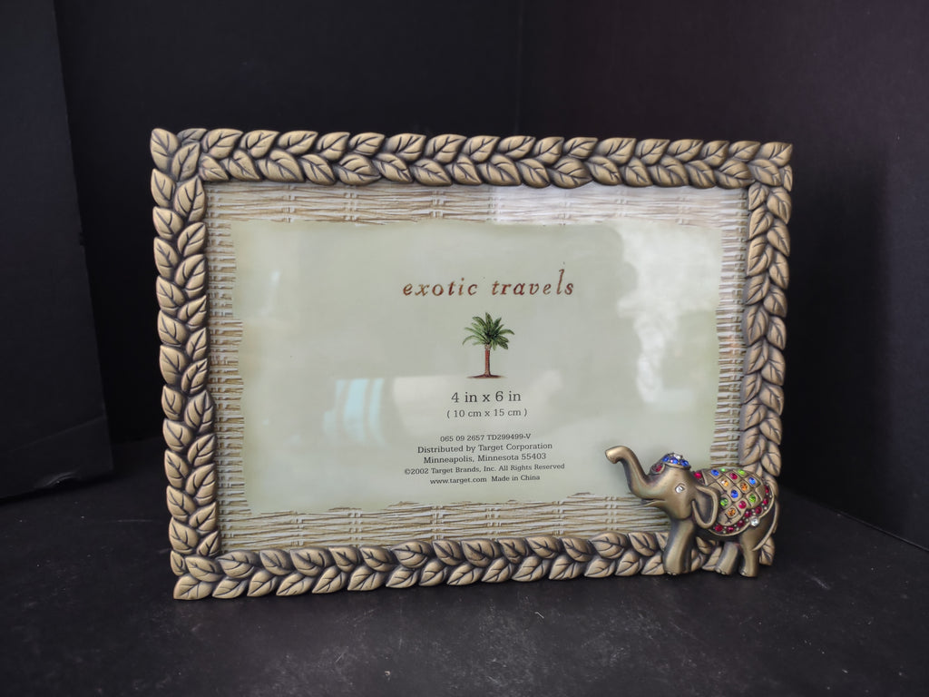 Vintage Exotic Travels 4x6 Photo Frame Jeweled Elephant Braided Leaf Border [6291]